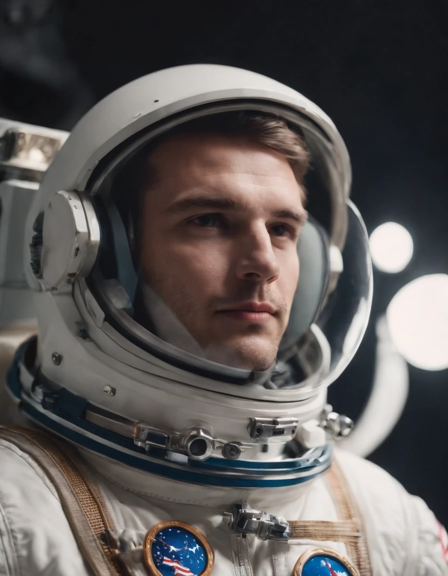 man in retro astronaut suit, without helmet, poses on photo set, side lighting, half body shot, high quality photo