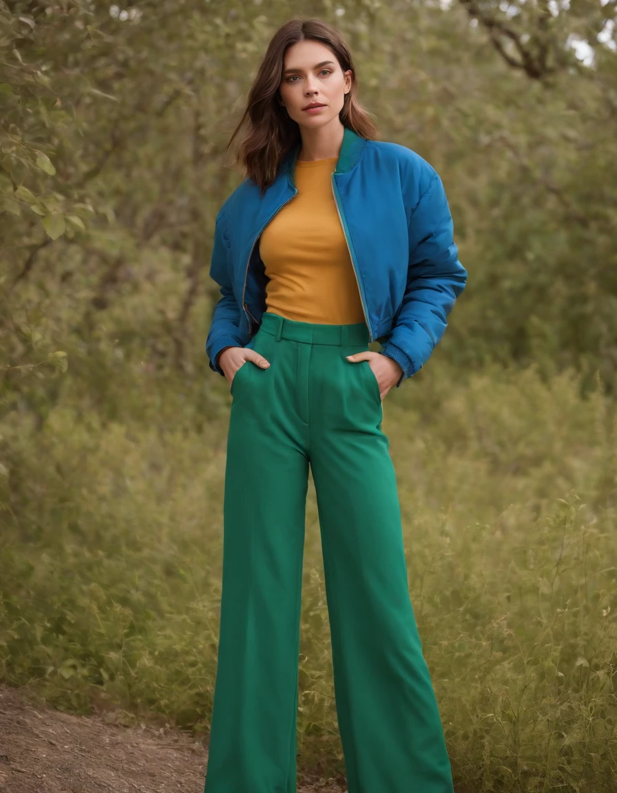 a young woman wearing a blue jacket and green pants, in the style of color-blocked shapes, inna mosina, voluminous forms, new american color photography, heatwave, full body, elongated,(medium shot)