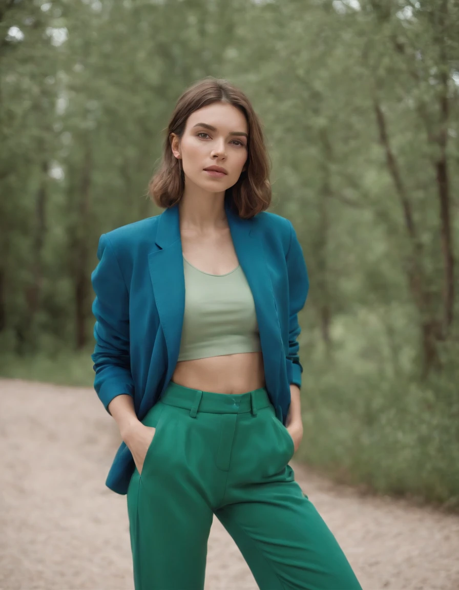 a young woman wearing a blue jacket and green pants, in the style of color-blocked shapes, inna mosina, voluminous forms, new american color photography, heatwave, full body, elongated,(medium shot)