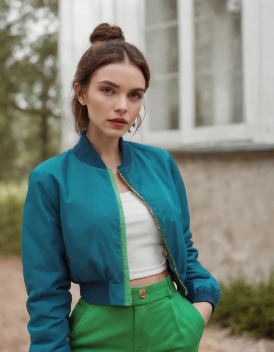 a young woman wearing a blue jacket and green pants, in the style of color-blocked shapes, inna mosina, voluminous forms, new american color photography, heatwave, full body, elongated,(medium shot)