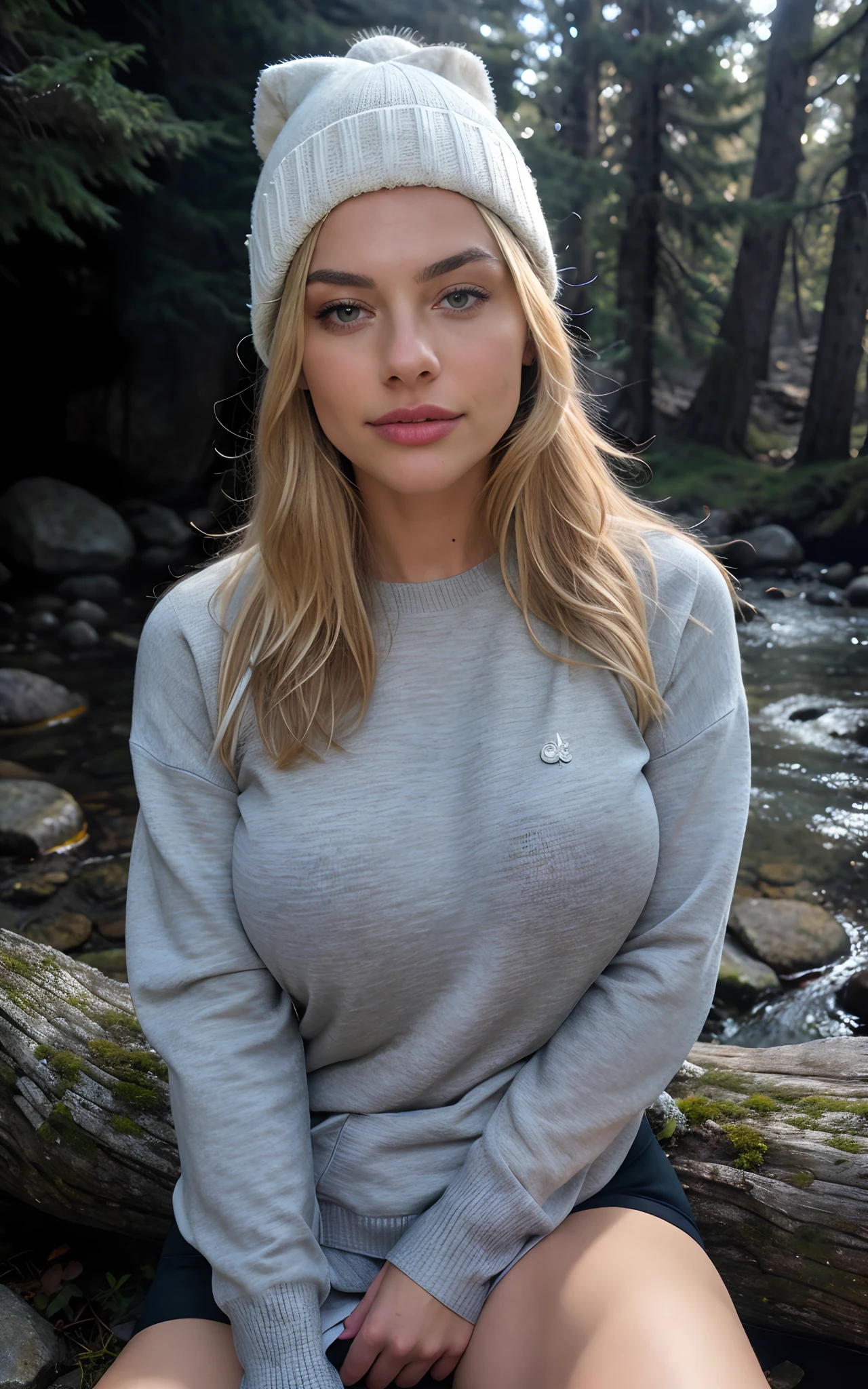 Professionally shot, aim for ultra-realistic, non-oily, non-waxy, non-shiny skin texture, best quality, hyper detailed, beautiful woman, blonde hair, perky 30G boobs, outdoors photo, upper body, solo, model MUST wear pullover, gloves, and beanie (SFW, NOT nude), outdoors, (night), mountains, real life nature, stars, moon, (cheerful, happy), sleeping bag, gloves, sweater, beanie, flashlight, forest, rocks, river, wood, smoke, fog, clear sky, analog style, looking at viewer, skin texture, film grain, close up, ultra high res, best shadow, RAW, instagram LUT