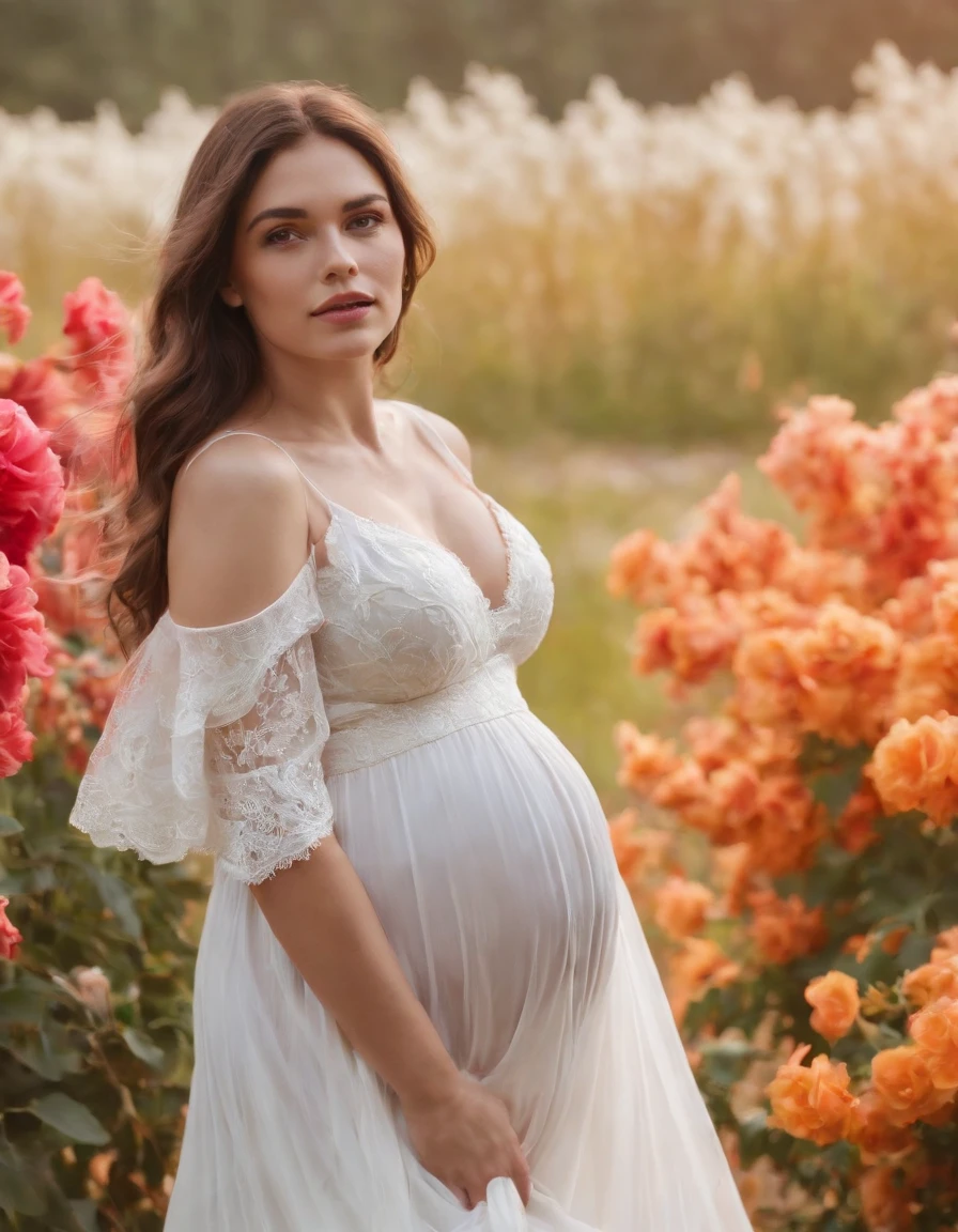 Cowboy Shot,Medium Long Shot,pregnant woman,Beautiful girl, Stand with your hands dangling, long hair flowing with the wind, In the middle of colorful flower beds, White dress