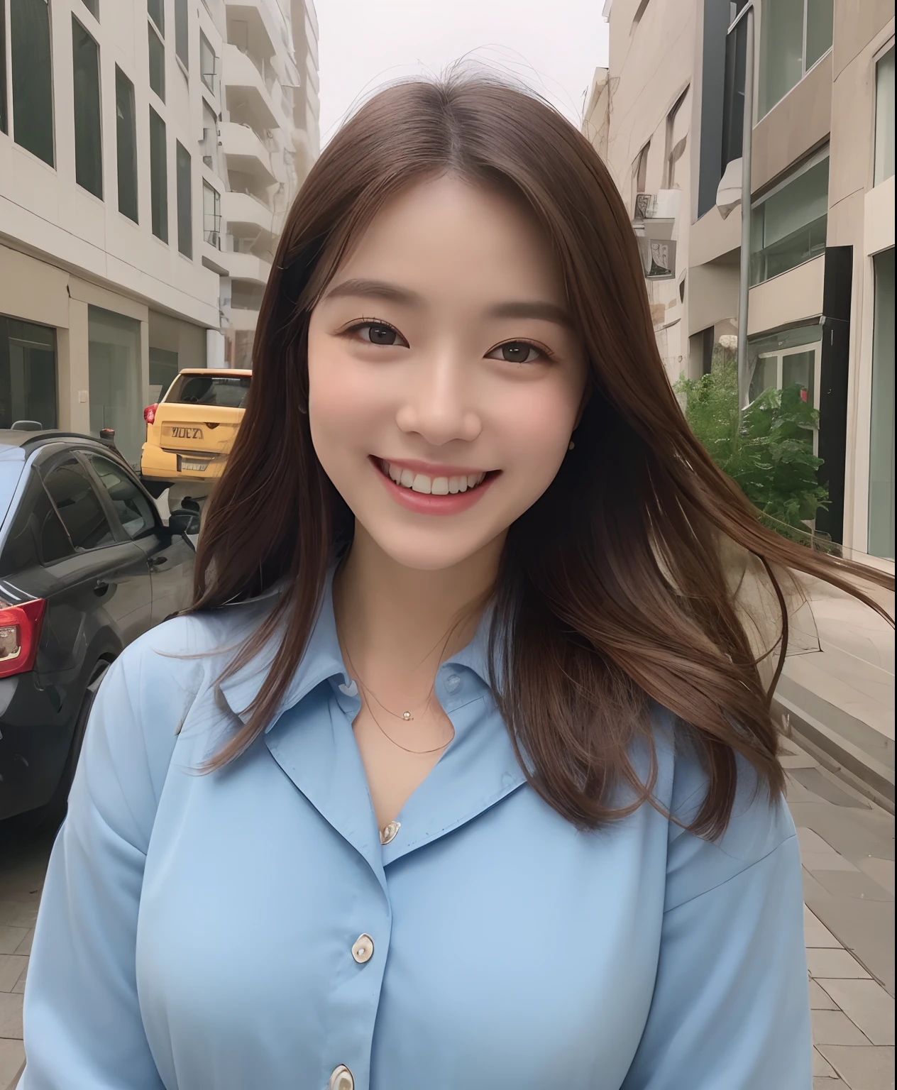 ((top-quality、in 8K、​masterpiece:1.3))、1girl in、Beautiful woman with plump abs emphasized:1.3、(The long-haired、Colossal tits:1.2)、In the city、Super delicate face、wholesome、二重まぶた、A smile that showed teeth、Wearing a collared shirt、Looking at the camera、Big smile、Look here、Look at me with your eyes wide open、Cozy feeling、Take a walk around the city、