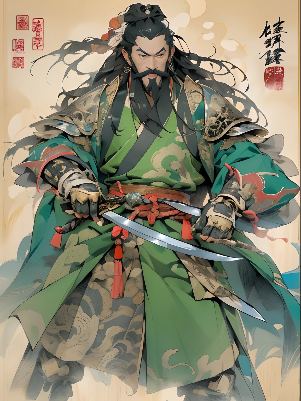 (((China-style,Ink painting method,Half-length portrait,Intense color,Han dynasty, China,Hanfu,Armor,Guan yu,Guan Yunchang,of a guy,Ruddy killing square face,Hold the Blue Dragon Moon Knife in his right hand,Stroke your beard with your left hand,Long hair,petty eyes,Green robe))), (((best qualityer))), (((tmasterpiece))), (((AS-Adult))), ((( Japanese ))), Look up from your knees, Handsome Asian samurai,perfect body figure, Modern samurai, ((( Asian))), Wear gloves on your hands,The left arm is made of steel and metal tips,Made of protective devices, The eyes are pulled, (( Appears below the chest )), (( Small dental floss )), Simon Bisley, Almost ?????(Simon Bisley)Castle City Wilderness,For high-resolution posters, hair straight, Minimum clothing, armure (Crazy clothes ), Full of tips and rivets, tribal tattoos, (((full bodyesbian))), Straight brunette hair,Colored hair ends