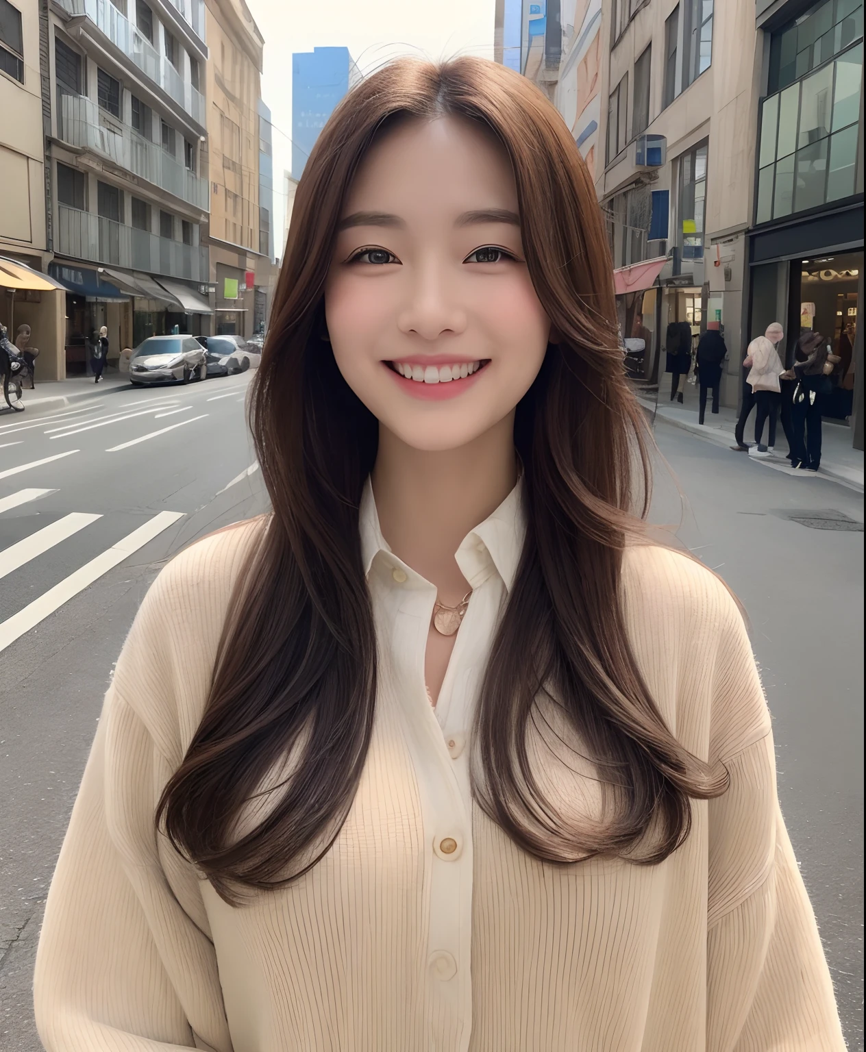 ((top-quality、in 8K、masterpiece:1.3))、1girl in、Beautiful woman with plump abs emphasized:1.3、(The long-haired、Colossal tits:1.2)、In the city、Super delicate face、wholesome、二重まぶた、A smile that showed teeth、Wearing a collared shirt、Looking at the camera、Big smile、Look here、Look at me with your eyes wide open、Cozy feeling、Take a walk around the city、