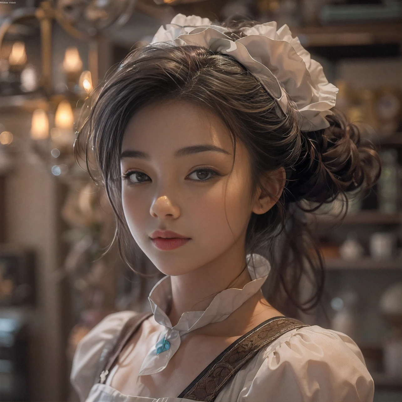((best Quality: 1.4)), (Unparalleled Masterpiece), (Ultra High Definition) , (Ultra Realistic 8k CG),(half body image ),(ultra detailed),(maid ),(art by Jean Baptiste Monge), highly detailed maid clothes, half_apron ,stunningly beautiful , highly detailed beautiful hair , highly detailed hairstyle, cinematic, happy ,in old western house, candle lighting, Use a backlighting effect to add depth to the image, Anisotropic Filtering, Depth of Field, Maximum clarity and sharpness, ,8 life size , thicc body:0.8 ,perfect anatomy , symmetrical and balanced, beautiful gradient , sharp focus, golden ratio, Centered image, Beautiful Composition,