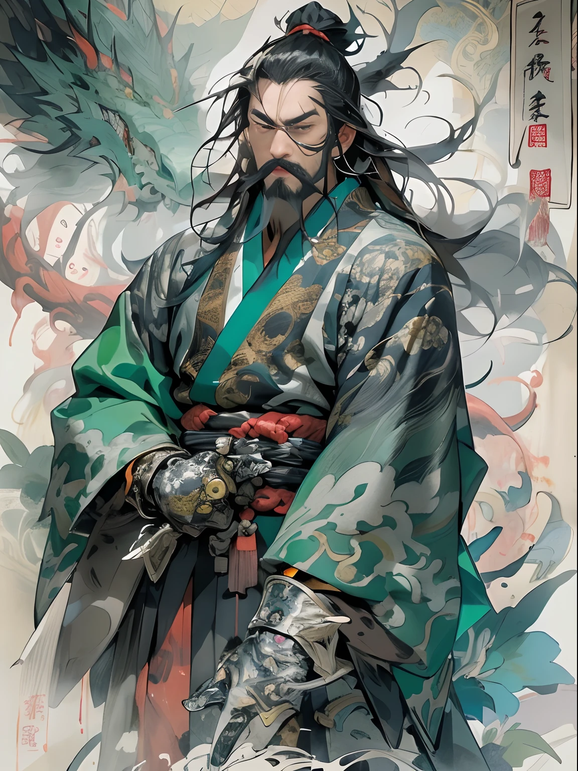 (((China-style,Ink painting method,Half-length portrait,Intense color,Han dynasty, China,Hanfu,Armor,Guan yu,Guan Yunchang,of a guy,Ruddy killing square face,Hold the Blue Dragon Moon Knife in his right hand,Stroke your beard with your left hand,Long hair,petty eyes,Green robe))), (((best qualityer))), (((tmasterpiece))), (((AS-Adult))), ((( Japanese ))), Look up from your knees, Handsome Asian samurai,perfect body figure, Modern samurai, ((( Asian))), Wear gloves on your hands,The left arm is made of steel and metal tips,Made of protective devices, The eyes are pulled, (( Appears below the chest )), (( Small dental floss )), Simon Bisley, Almost naked(Simon Bisley)Castle City Wilderness,For high-resolution posters, hair straight, Minimum clothing, armure (Crazy clothes ), Full of tips and rivets, tribal tattoos, (((full bodyesbian))), Straight brunette hair,Colored hair ends