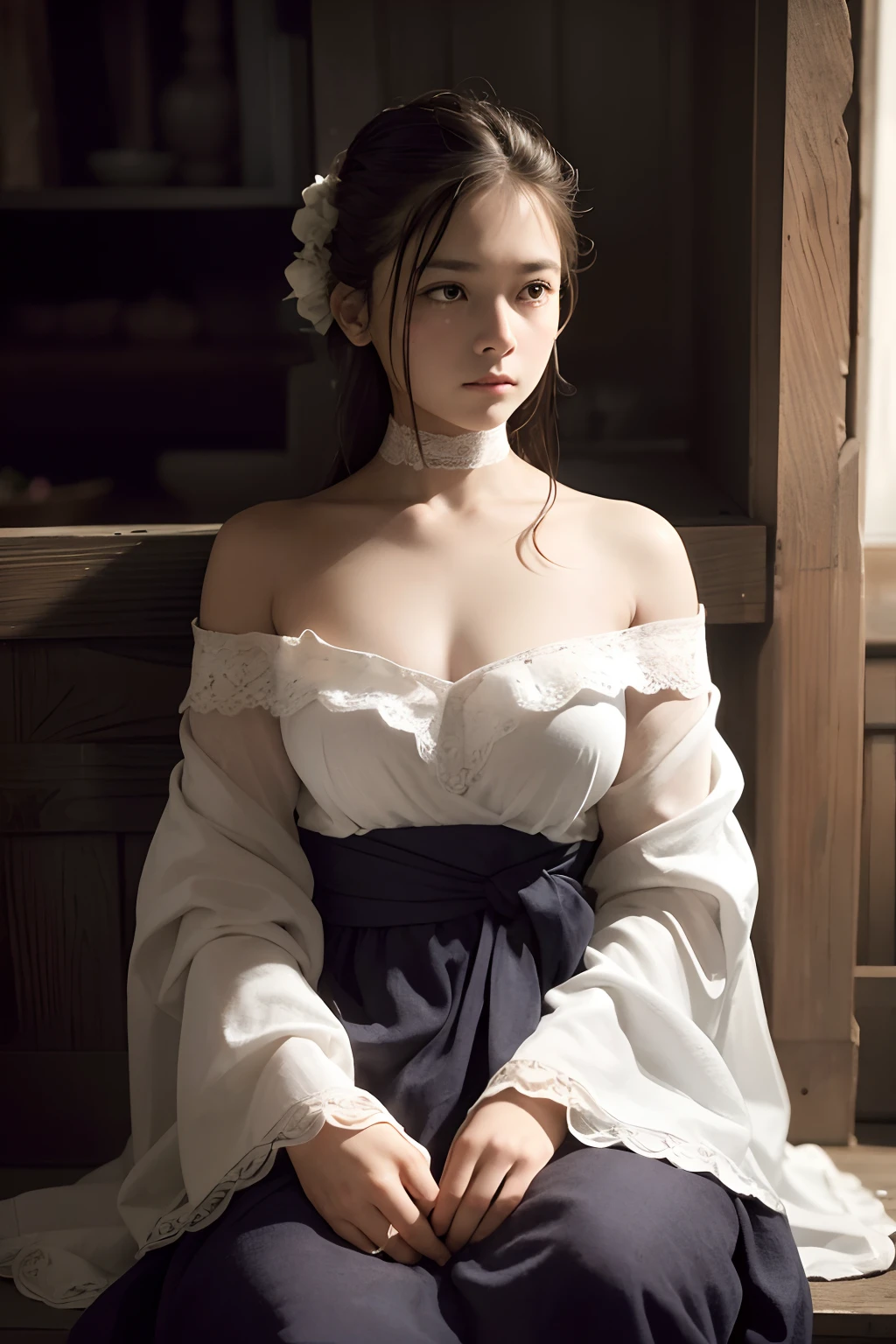 Best quality, masterpiece, ultra high res, (photorealistic:1.4), raw photo, 1 Indian white girl, off shoulder, small long small sexy dress, unconcerned, NSFW, lighting,