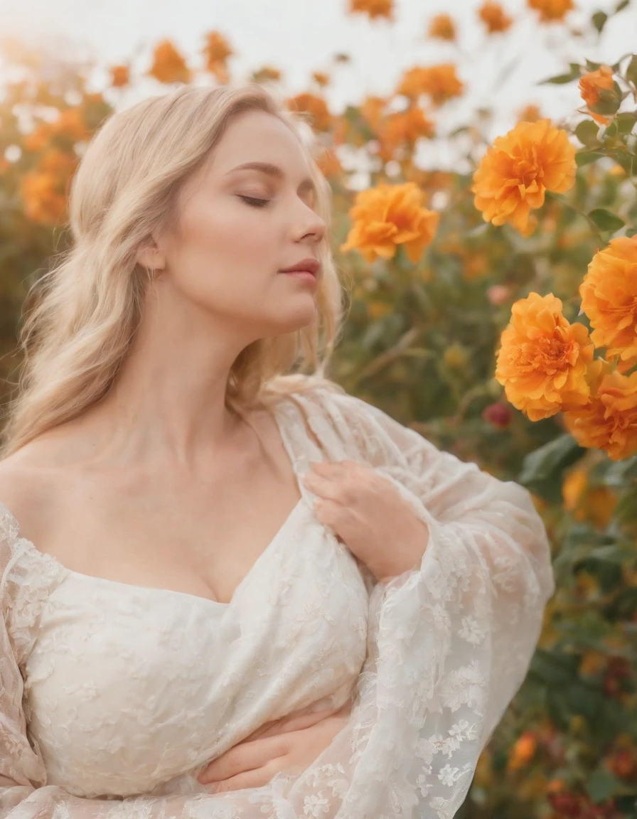 an up close photo of a pregnant woman, Beautiful pregnant woman, Stand with your hands dangling, long hair flowing with the wind, In the middle of colorful flower beds, White dress,((golden short hair)),beautiful flower