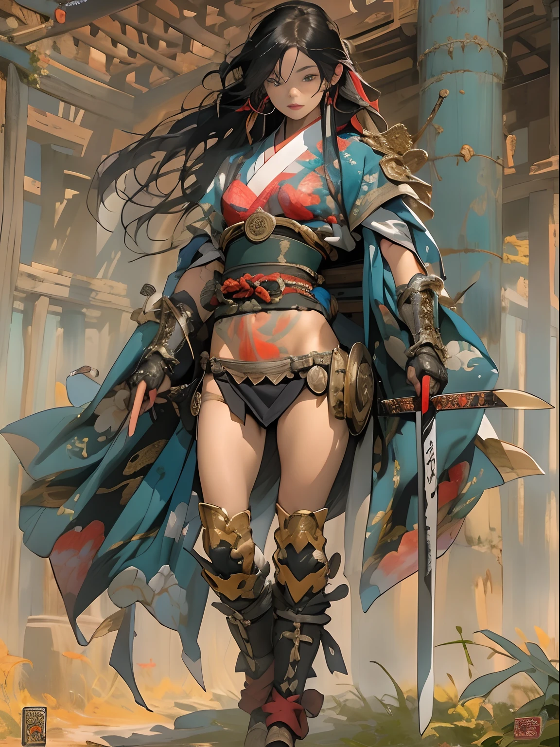 (((woman))), (((best qualityer))), (((tmasterpiece))), (((AS-Adult))), ((( Japanese ))), Look up from your knees, A beautiful asian samurai woman with perfect body, Modern samurai, ((( Asian))), Wear gloves on your hands，The left arm is made of steel and metal tips，Made of protective devices, The eyes are pulled, (( Appears below the breast )), (( Small dental floss )), Simon Bisley, Almost naked（Simon Bisley）Castle City Wilderness，For high-resolution posters, hair straight, Minimum clothing, armure (Crazy clothes ), Full of tips and rivets, tribal tattoos, (((full bodyesbian))), Straight brunette hair，Colored hair ends