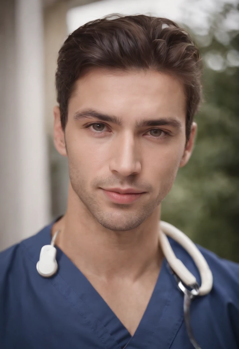 Cinematic portrait, ((medium close-up)), facing the audience, (Reality :1.4), a man looking into the camera, male nurse, nurse costume, detailed beautiful face, action shot, hospital background, daytime, photo realistic, CG, art station, masterpiece, HD photography