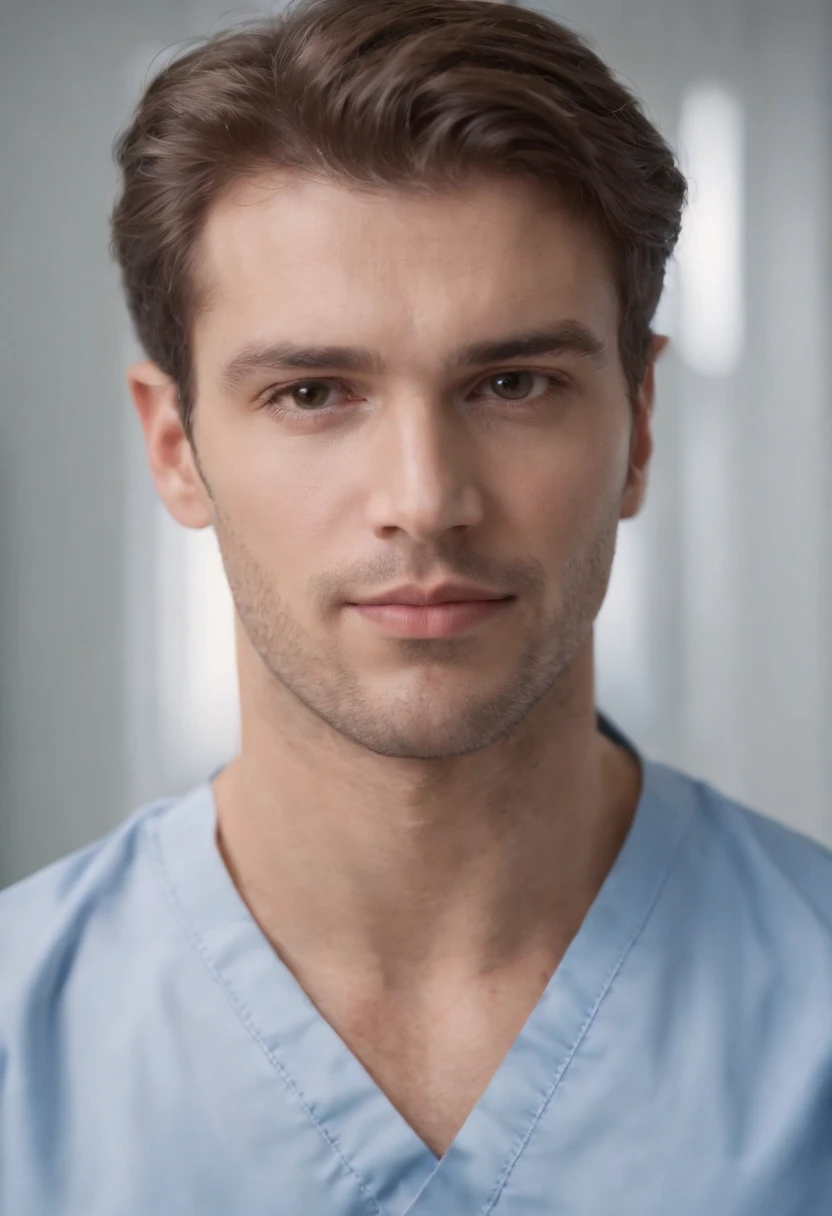 Cinematic portrait, ((medium close-up)), facing the audience, (Reality :1.4), a man looking into the camera, male nurse, nurse costume, detailed beautiful face, action shot, hospital background, daytime, photo realistic, CG, art station, masterpiece, HD photography