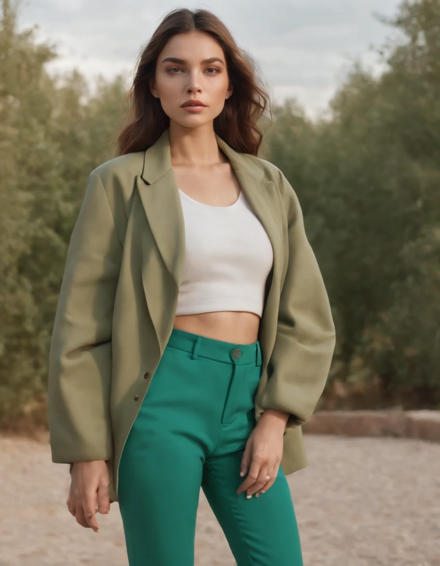 a young woman wearing a blue jacket and green pants, in the style of color-blocked shapes, inna mosina, voluminous forms, new american color photography, heatwave, full body, elongated,(upper body)