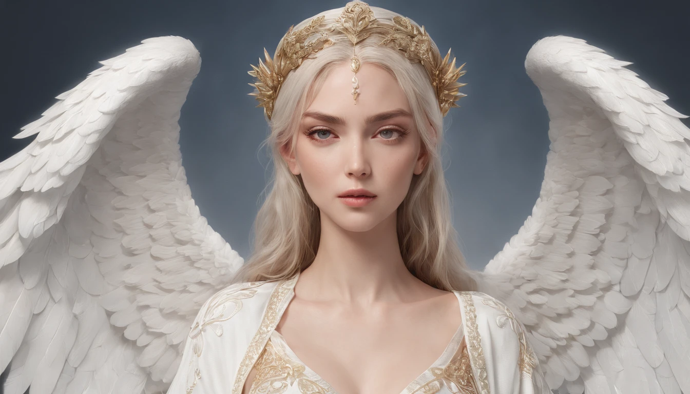 Photorealistic, (A hyper-realistic:1.2), Beautiful, Masterpiece, Best Quality, extremely detailed face, perfect lighting, nice hands, perfect arms, A divine and radiant angel in celestial splendor, (heavenly presence:1.2), (serene expression), (majestic wings), (ethereal glow:1.1), (peaceful and comforting), (transcendent beauty), (divine grace), (symbol of purity), (golden halo), (uplifting atmosphere), (celestial realm), (spiritual enlightenment), (gentle and protective), (illuminating light:1.2), (seraphic figure), (harmony and serenity), (angelic robes), (timeless and celestial), (captivating aura), (healing and guidance)