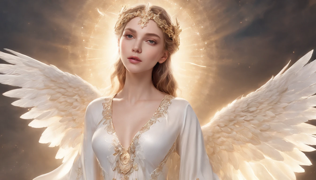 Photorealistic, (A hyper-realistic:1.2), Beautiful, Masterpiece, Best Quality, extremely detailed face, perfect lighting, nice hands, perfect arms, A divine and radiant angel in celestial splendor, (heavenly presence:1.2), (serene expression), (majestic wings), (ethereal glow:1.1), (peaceful and comforting), (transcendent beauty), (divine grace), (symbol of purity), (golden halo), (uplifting atmosphere), (celestial realm), (spiritual enlightenment), (gentle and protective), (illuminating light:1.2), (seraphic figure), (harmony and serenity), (angelic robes), (timeless and celestial), (captivating aura), (healing and guidance)