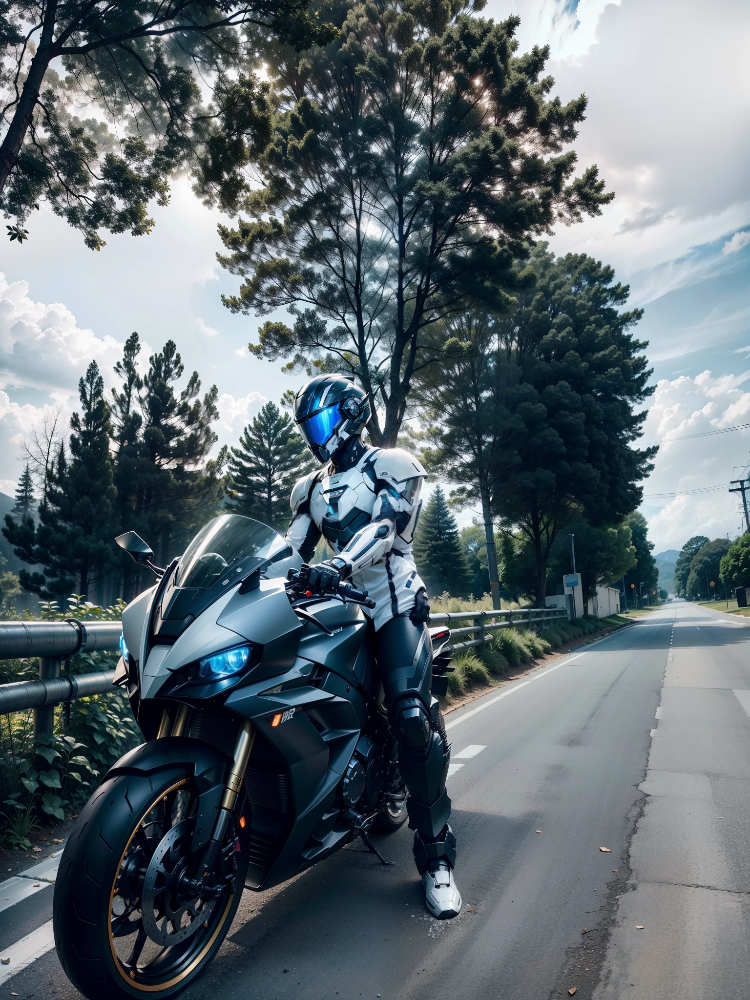 Handsome cyber handsome warrior with white armor,Black Cyber mechanical motorcycle,High-tech black full enveloping helmet,with short white hair,Nousr, Biomechanicals, MSHN Robot Man,High-tech helmet,hyper realisitc, Steel, Complex design, insanely details, finely detailled, Extremely clear lines, cinmatic lighting, photograph realistic, A detailed masterpiece