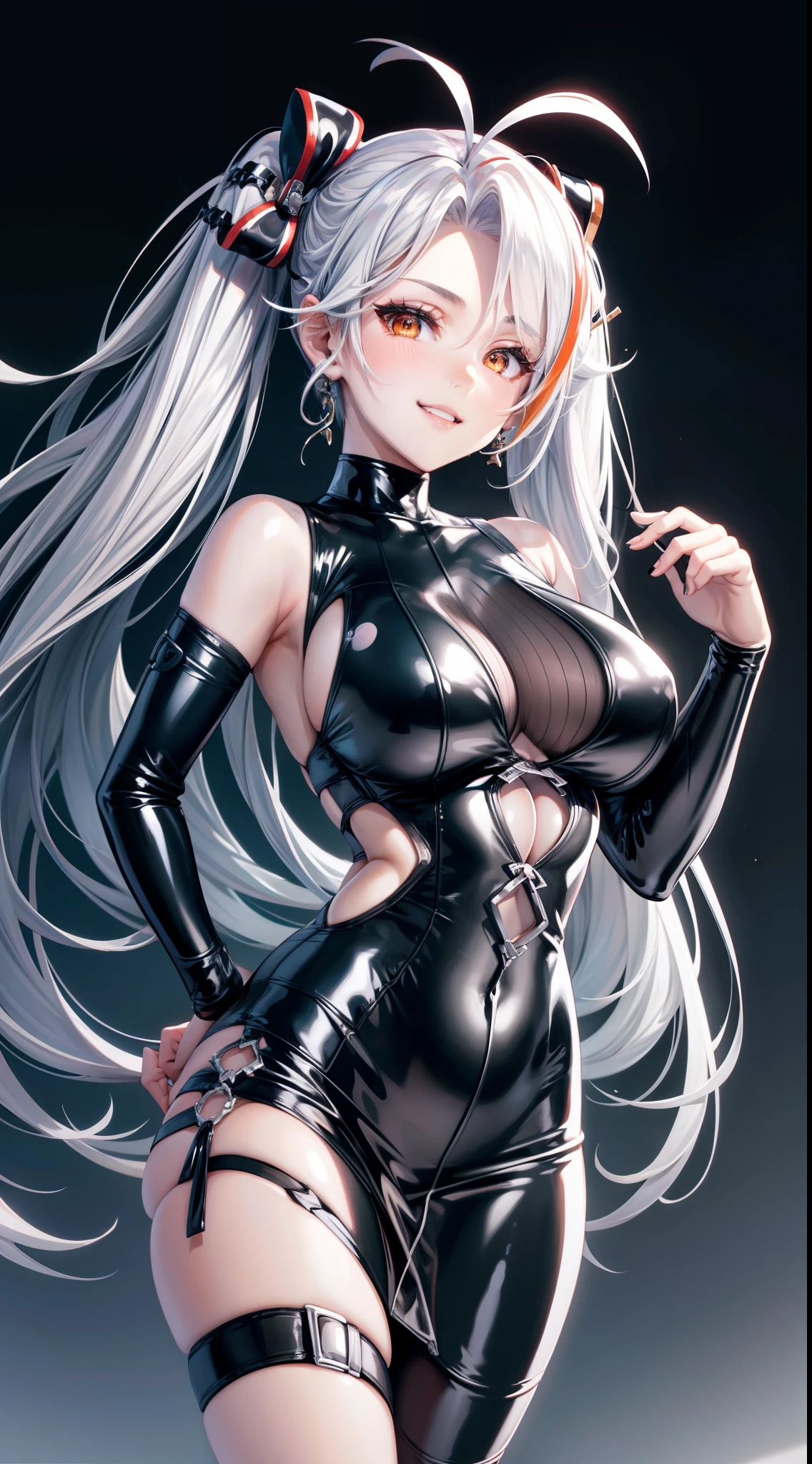 8k, highres, ultra detailed, (masterpiece:1.4), best quality, symmetrical body, (tight latex dress:1.4), cute, solo, earrings, long hair, ponytails, white hair, orange eyes, glow effect, finely eye, grinning, wide smile, detailed face, looking at viewer, smilling at viewer, office, standing, angled view, big breasts, teasing, seductive look