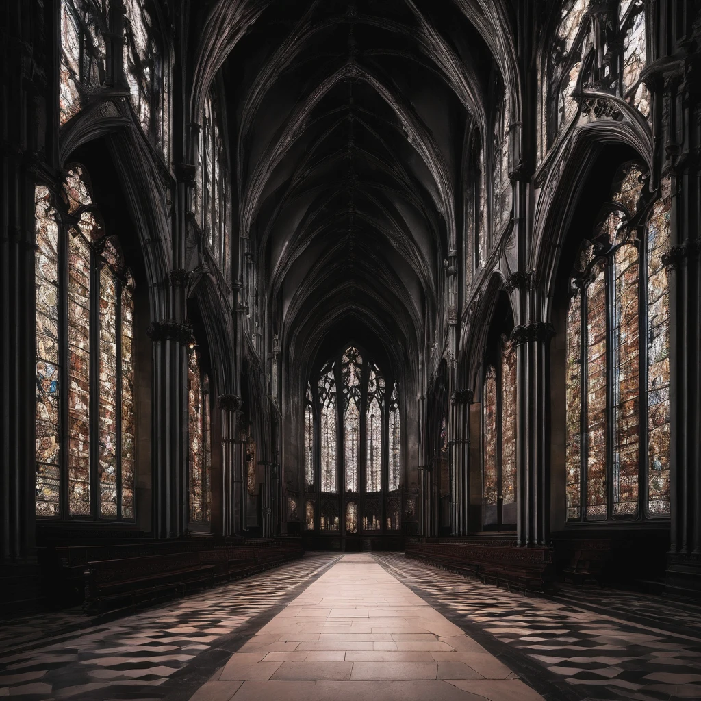 Wide and long Gothic hall with high and long stained glass windows, with a high ceiling and numerous buttresses-columns, At the end of the hall there is a high arched passage, Maximum picture quality, high picture quality,.