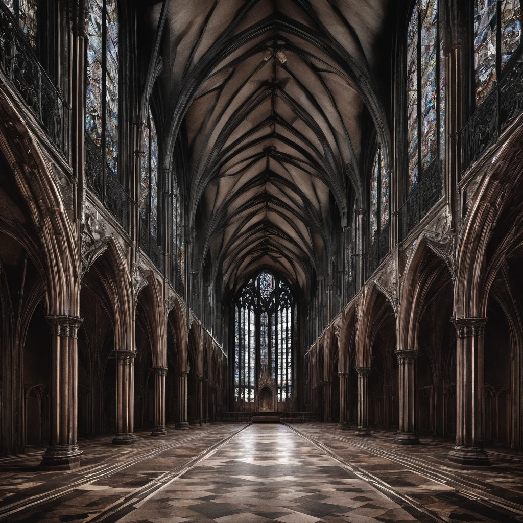Wide and long Gothic hall with high and long stained glass windows, with a high ceiling and numerous buttresses-columns, At the end of the hall there is a high arched passage, Maximum picture quality, high picture quality,.