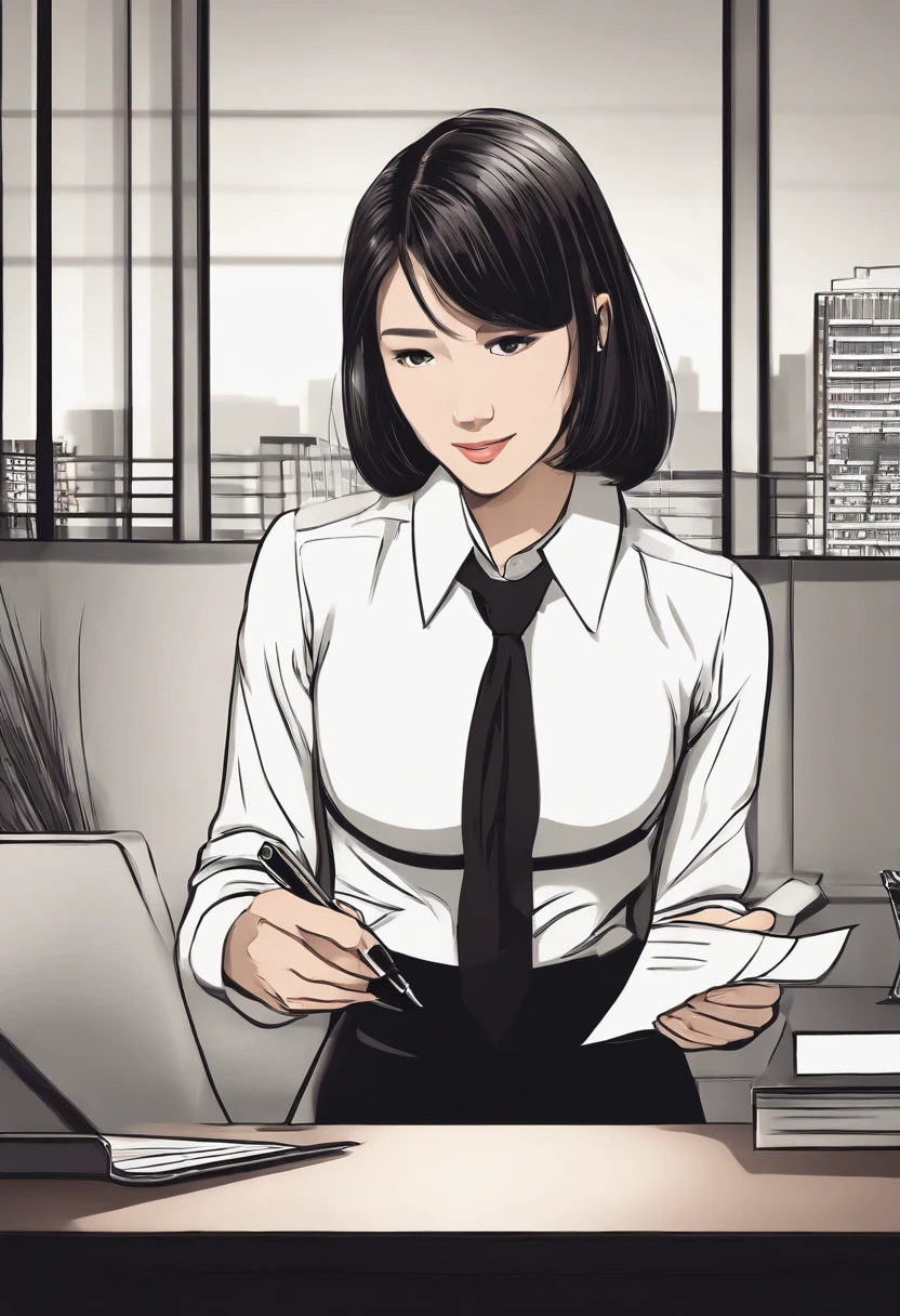 Wearing black leather gloves in both hands, upper body, black business suit, facing the desk in the modern study in the dark, looking down, smiling, writing a letter using a fountain pen, long, straight black hair, young and cute face Japanese female new employee (black leather gloves cover both hands)