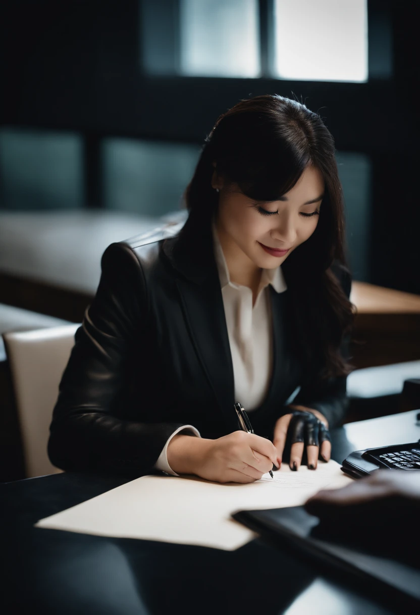 Wearing black leather gloves in both hands, upper body, black business suit, facing the desk in the modern study in the dark, looking down, smiling, writing a letter using a fountain pen, long, straight black hair, young and cute face Japanese female new employee (black leather gloves cover both hands)