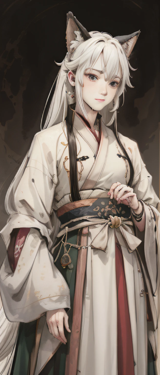 white hair, grin, dog ears, mole under eye, hair tie, Hanfu, male people, chiaroscuro, character chart, ray tracing, textured skin, masterpiece, anatomically correct, UHD, retina, 4K