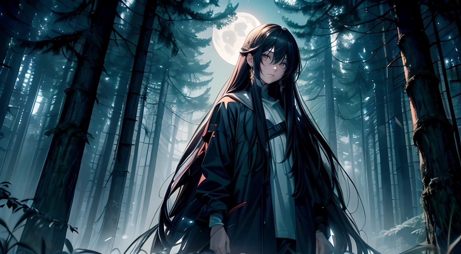 Create a picture depicting the scene at the edge of the forest on a moonlit night. A character with long black hair and red albino eyes stands among the trees facing the viewer. This character holds an exotic snake that coils around his arms and seems to be an extension of himself. The soft moonlight highlights these characters, creating a mysterious silhouette.
