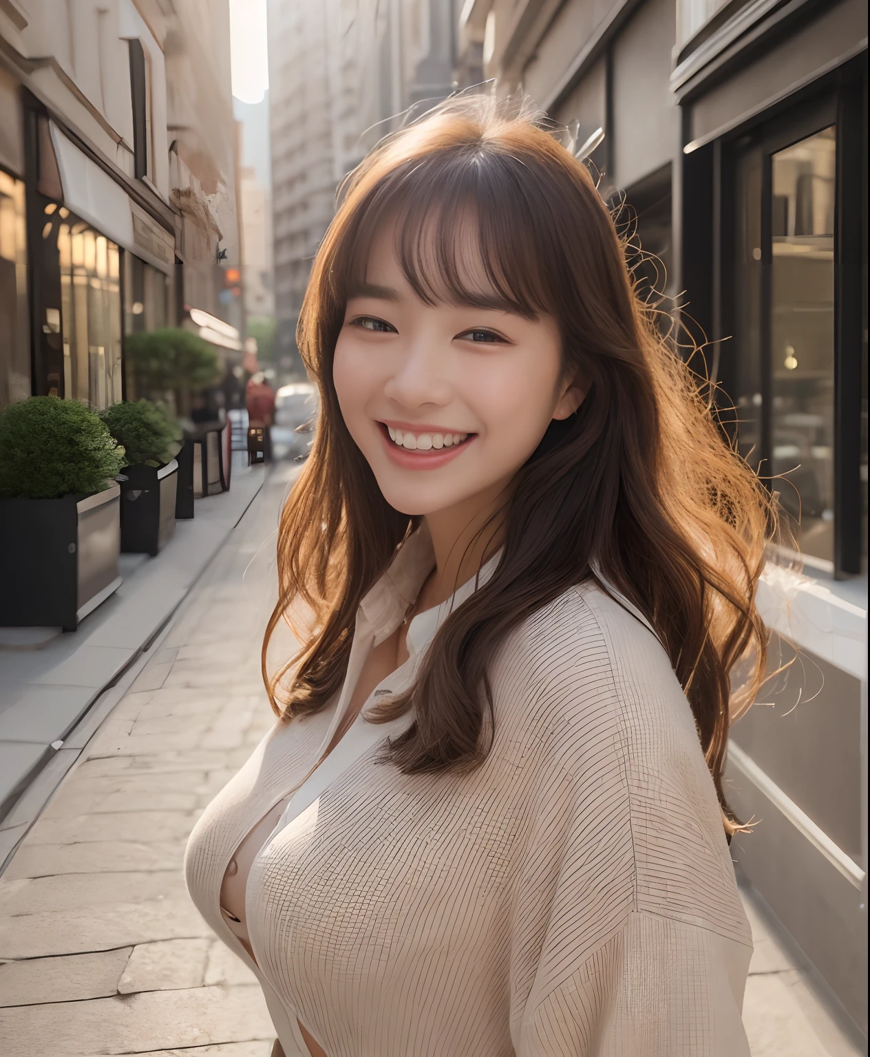 ((top-quality、in 8K、​masterpiece:1.3))、1girl in、Beautiful woman with plump abs emphasized:1.3、(The long-haired、Colossal tits:1.2)、In the city、Super delicate face、wholesome、二重まぶた、A smile that showed teeth、Wearing a collared shirt、Looking at the camera、Big smile、Look here、Look at me with your eyes wide open、Cozy feeling、Take a walk around the city、