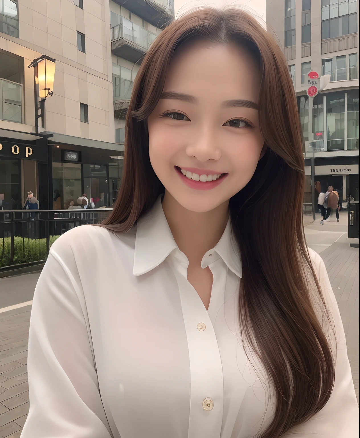 ((top-quality、in 8K、masterpiece:1.3))、1girl in、Beautiful woman with plump abs emphasized:1.3、(The long-haired、Colossal tits:1.2)、In the city、Super delicate face、wholesome、二重まぶた、A smile that showed teeth、Wearing a collared shirt、Looking at the camera、Big smile、Look here、Look at me with your eyes wide open、Cozy feeling、Take a walk around the city、