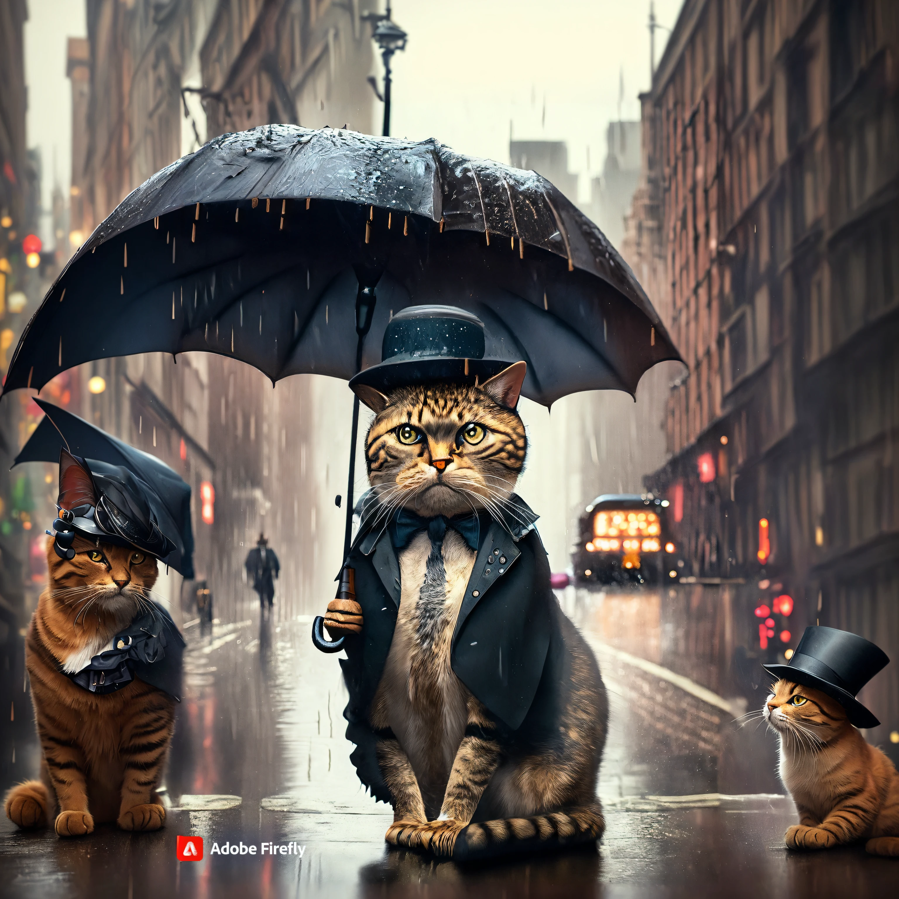 under the rain、There is a cat sitting under an umbrella, elegant cat, Anthropomorphic cat, cat wearing a top hat, by John La Gatta, well - dressed, Cat. Digital Painting, dapper, steampunk cat, gentelman, Andrey Gordeev, amazing digital art, photography alexey gurylev, gentleman, photo manipulation