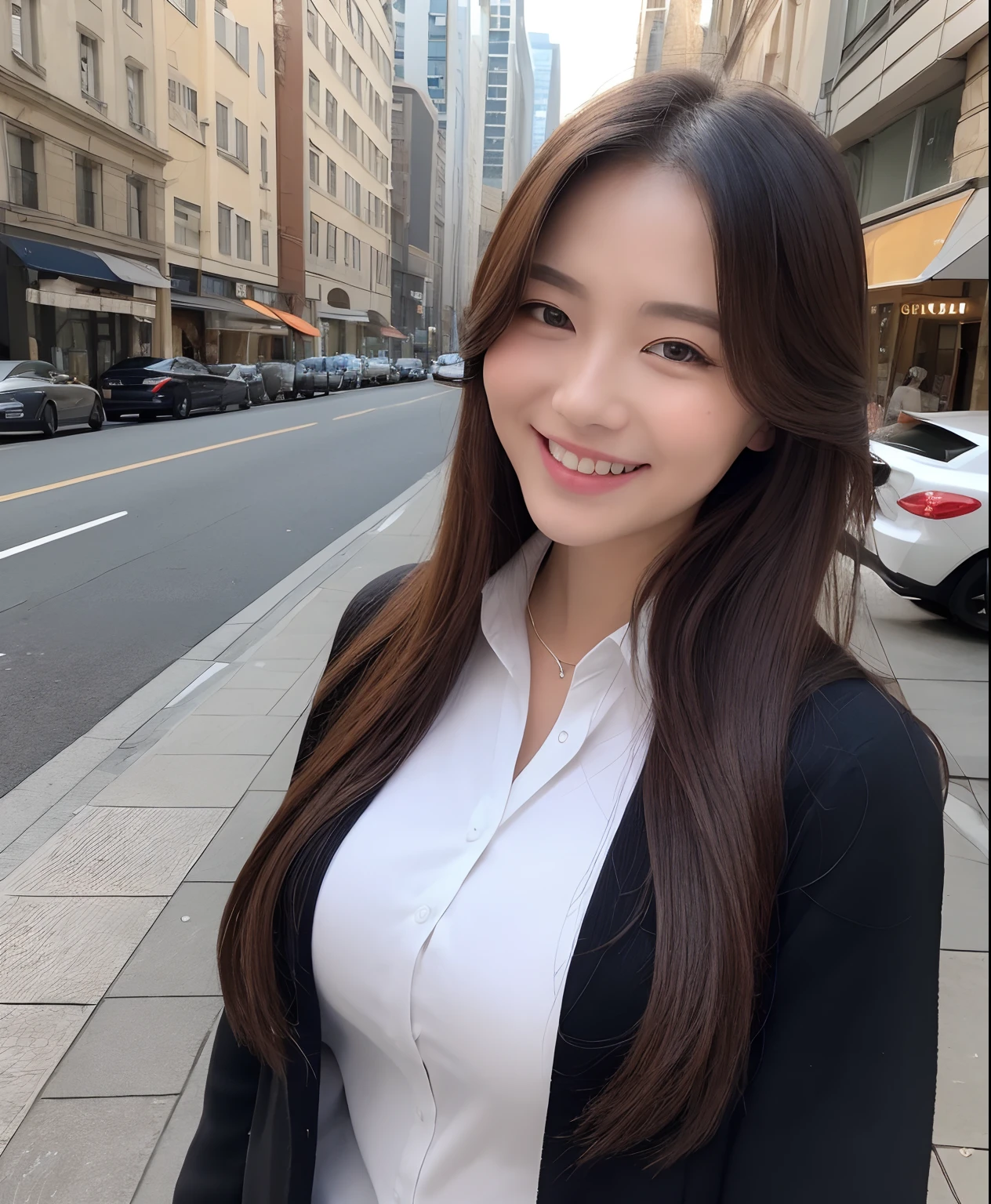 ((top-quality、in 8K、​masterpiece:1.3))、1girl in、Beautiful woman with plump abs emphasized:1.3、(The long-haired、Colossal tits:1.2)、In the city、Super delicate face、wholesome、二重まぶた、A smile that showed teeth、Wearing a collared shirt、Looking at the camera、Big smile、Look here、Look at me with your eyes wide open、Cozy feeling、Take a walk around the city、