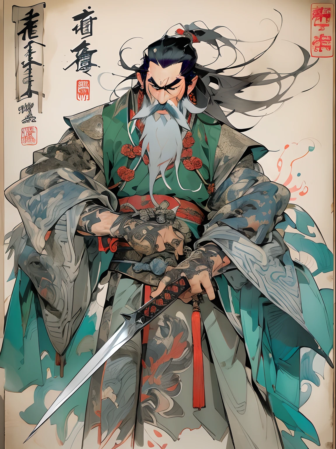 (((China-style，Ink painting method，Half-length portrait，Intense color，Han dynasty, China，Hanfu，Armor，Guan yu，Guan Yunchang，of a guy，Ruddy killing square face，Hold the Blue Dragon Moon Knife in his right hand，Stroke your beard with your left hand，Long hair，petty eyes，Green robe))), (((best qualityer))), (((tmasterpiece))), (((AS-Adult))), ((( Japanese ))), Look up from your knees, Handsome Asian samurai，perfect body figure, Modern samurai, ((( Asian))), Wear gloves on your hands，The left arm is made of steel and metal tips，Made of protective devices, The eyes are pulled, (( Appears below the chest )), (( Small dental floss )), Simon Bisley, Almost naked（Simon Bisley）Castle City Wilderness，For high-resolution posters, hair straight, Minimum clothing, armure (Crazy clothes ), Full of tips and rivets, tribal tattoos, (((full bodyesbian))), Straight brunette hair，Colored hair ends