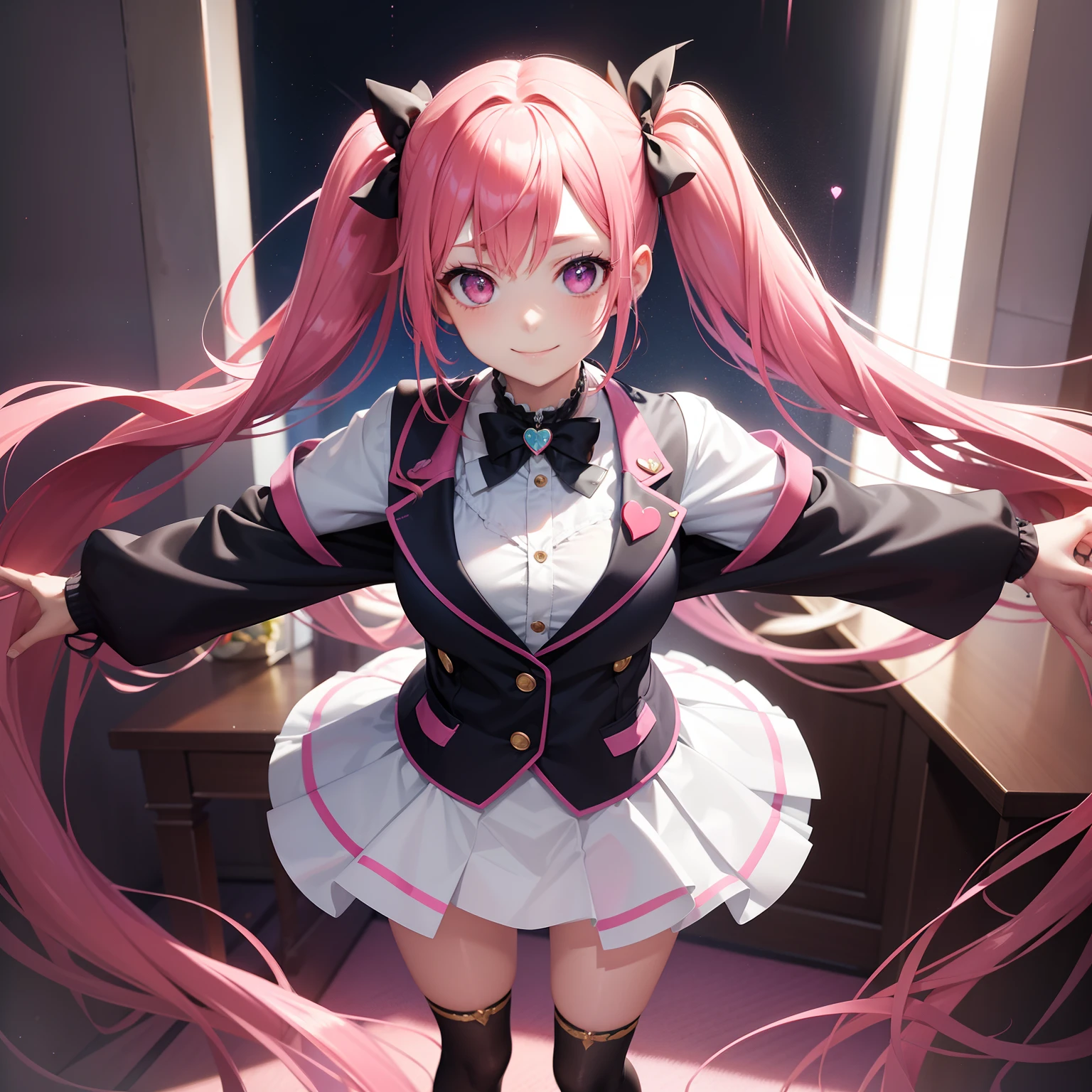 full body Esbian, masutepiece: 1.2, Highest Quality), (Live-action, elaborate details), (1 Lady, Solo, Upper body,) Clothing: Edgy, Navy Blazer, pink miniskirt, High School Uniform , long hair with pink twin tails,,,、Avant-garde, Experimental appearance: Long pink twin tail hair 、Heart-shaped choker、The location: School, crass room, Solo, Nice smile, spark of light, rainbows、brilliance、Value Creation in Mixed Media Art: individuality, authenticity, Creative expression
