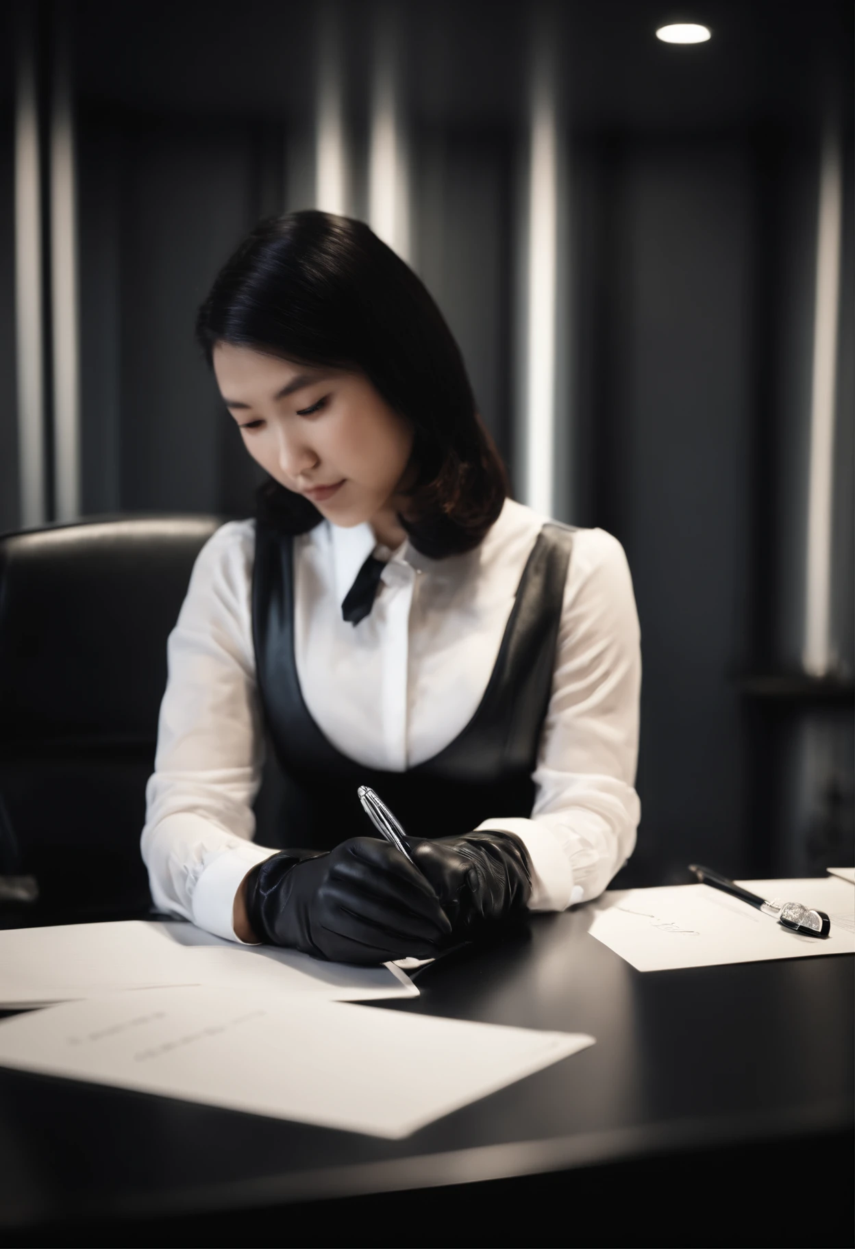 Wearing black leather gloves in both hands, upper body, black business suit, facing the desk in the modern study in the dark, looking down, smiling, writing a letter using a fountain pen, long, straight black hair, young and cute face Japanese female new employee (black leather gloves cover both hands)