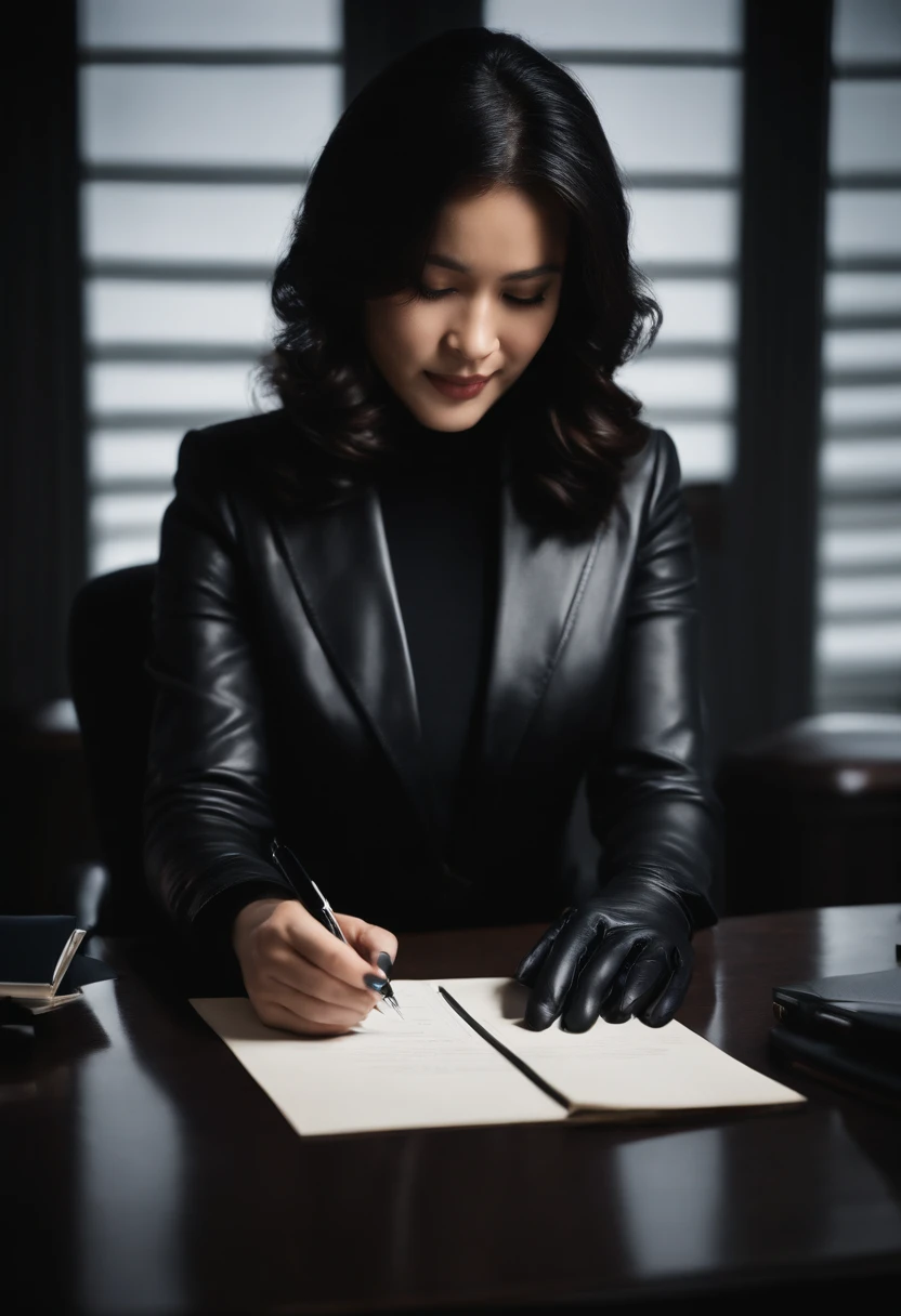Wearing black leather gloves in both hands, upper body, black business suit, facing the desk in the modern study in the dark, looking down, smiling, writing a letter using a fountain pen, long, straight black hair, young and cute face Japanese female new employee (black leather gloves cover both hands)