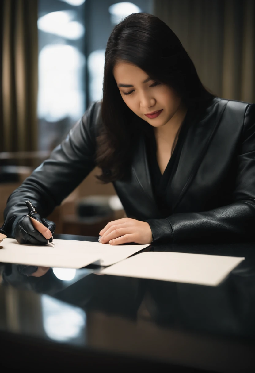 Wearing black leather gloves in both hands, upper body, black business suit, facing the desk in the modern study in the dark, looking down, smiling, writing a letter using a fountain pen, long, straight black hair, young and cute face Japanese female new employee (black leather gloves cover both hands)