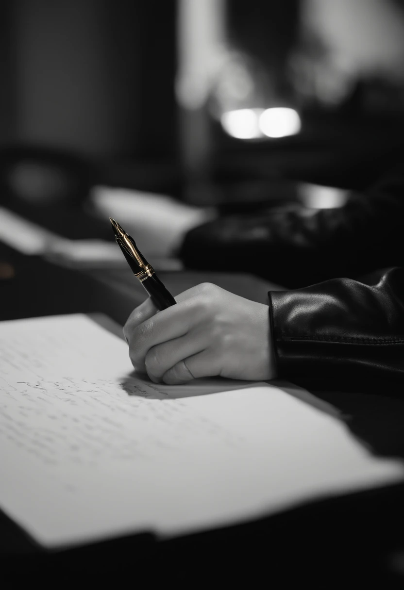 Wearing black leather gloves in both hands, upper body, black business suit, facing the desk in the modern study in the dark, looking down, smiling, writing a letter using a fountain pen, long, straight black hair, young and cute face Japanese female new employee (black leather gloves cover both hands)