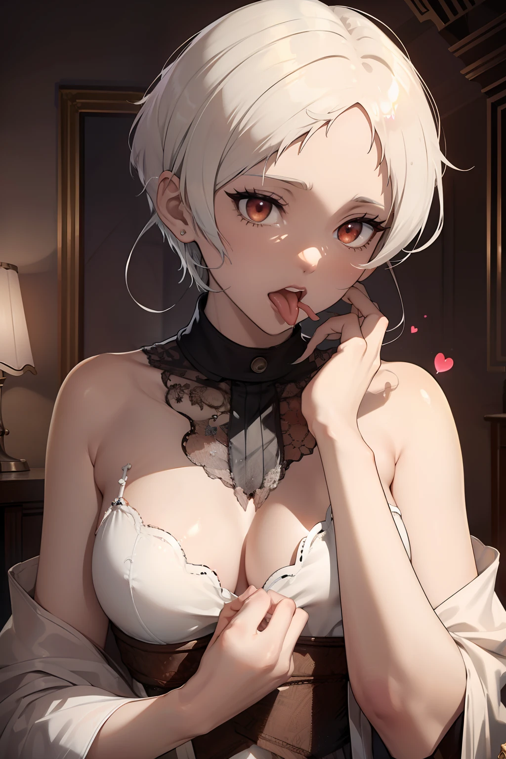 (masterpiece:1.4, best quality:1.2), (real picture, intricate details), 1lady, solo, nsfw, Appearance: (milf:1.25), (slender:1.2), red eyes,, very short white hair, slender, small breasts, show breasts, flat chest, hearts in pupils, big pelvis, sharp eyes, ((cum in mouth)) ,too much cum, ((cum)), ((cum on tongue)),cum on hands, Clothing: lace bra, Accessories: golden ring, simple hoop earrings, shell necklace, Makeup: natural, glowing skin, Location: indoors, Behavior: open mouth, tongue, cupping hands, own hands together, show vaginal rupture