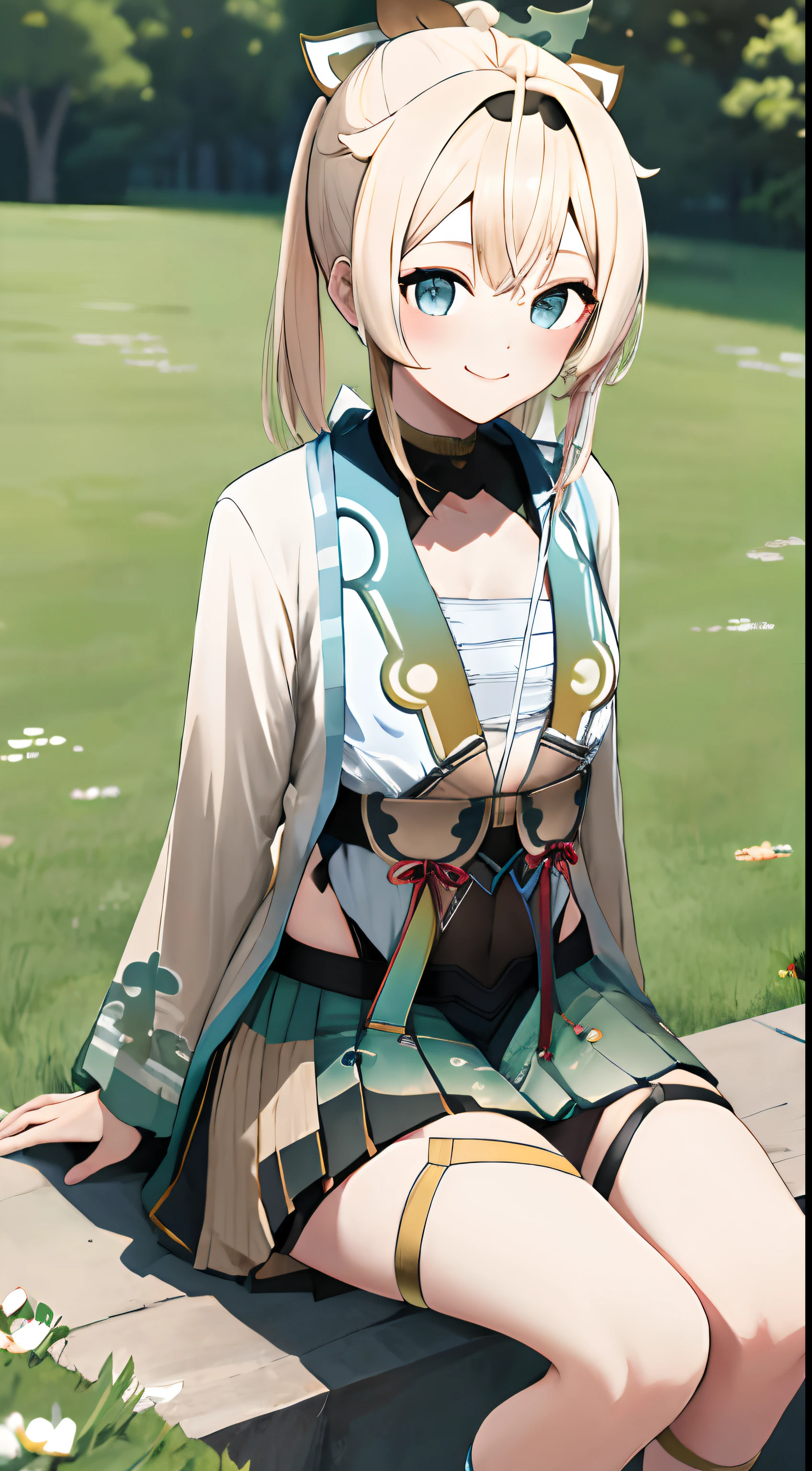 kazama_iroha ,1 girl,A smile、Crotch crack sitting、skirt by the、lawn、