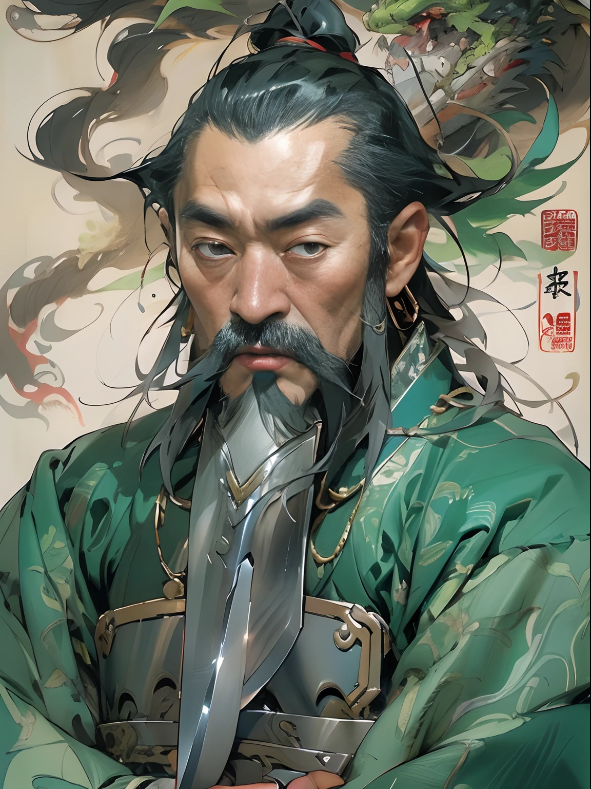 (((China-style，Ink painting method，Half-length portrait，Intense color，Han dynasty, China，Hanfu，Armor，Guan yu，Guan Yunchang，of a guy，Ruddy killing square face，Hold the Blue Dragon Moon Knife in his right hand，Stroke your beard with your left hand，Long hair，petty eyes，Green robe))), (((best qualityer))), (((tmasterpiece))), (((AS-Adult))), ((( Japanese ))), Look up from your knees, Handsome Asian samurai，perfect body figure, Modern samurai, ((( Asian))), Wear gloves on your hands，The left arm is made of steel and metal tips，Made of protective devices, The eyes are pulled, (( Appears below the chest )), (( Small dental floss )), Simon Bisley, Almost naked（Simon Bisley）Castle City Wilderness，For high-resolution posters, hair straight, Minimum clothing, armure (Crazy clothes ), Full of tips and rivets, tribal tattoos, (((full bodyesbian))), Straight brunette hair，Colored hair ends