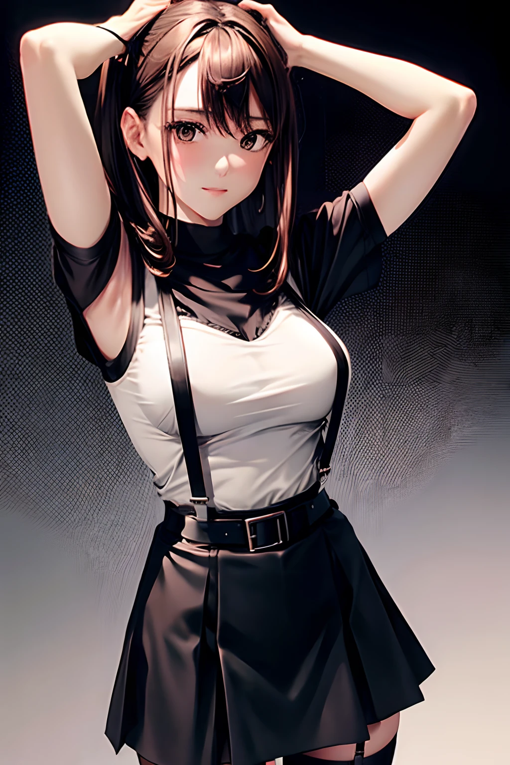 Black skirt, suspenders, Brown hair Gray eyes, Garter belt on the legs, Tight black clothes, a belt Armpit sweat Dark look Moderately breasts holster chain poneyTail