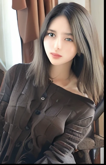 ((Best quality, 8k, Masterpiece :1.3)), 1girl, Pretty woman with slender abs :1.3, (Medium-short hair, Huge breasts :1.2), Cardigan :1.1, Ultra-detailed face, Detailed eyes, Double eyelid