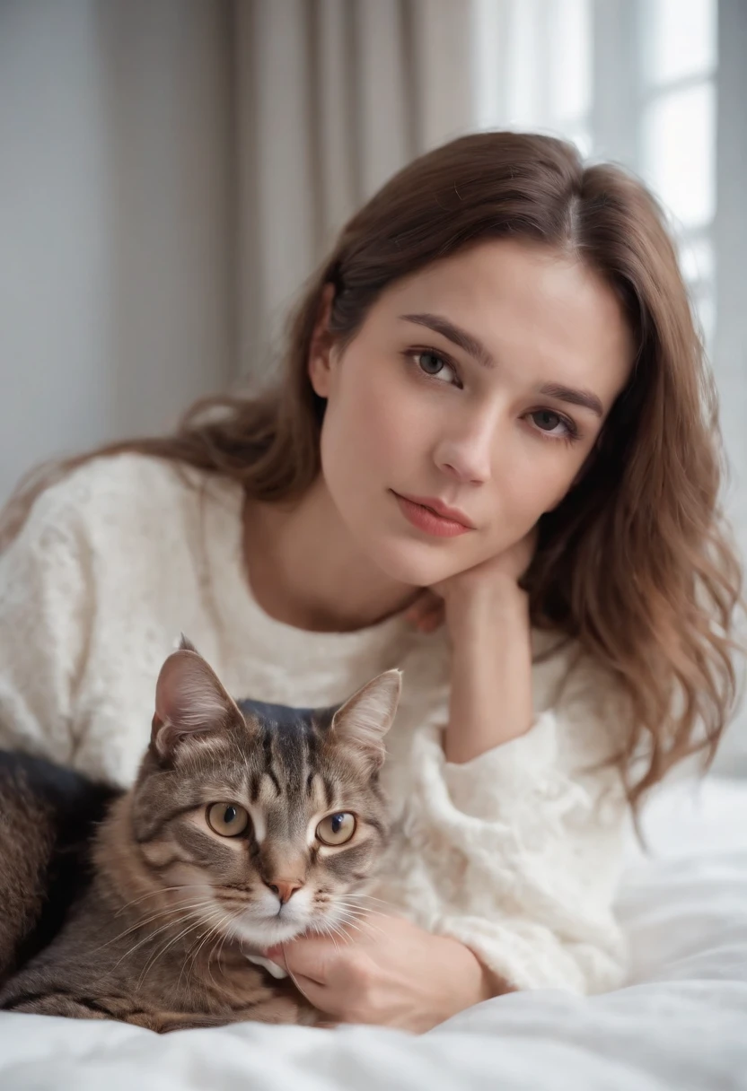 woman dressed in comfortable clothes on her bed with her cat, 80s style, half body shot, high quality photo