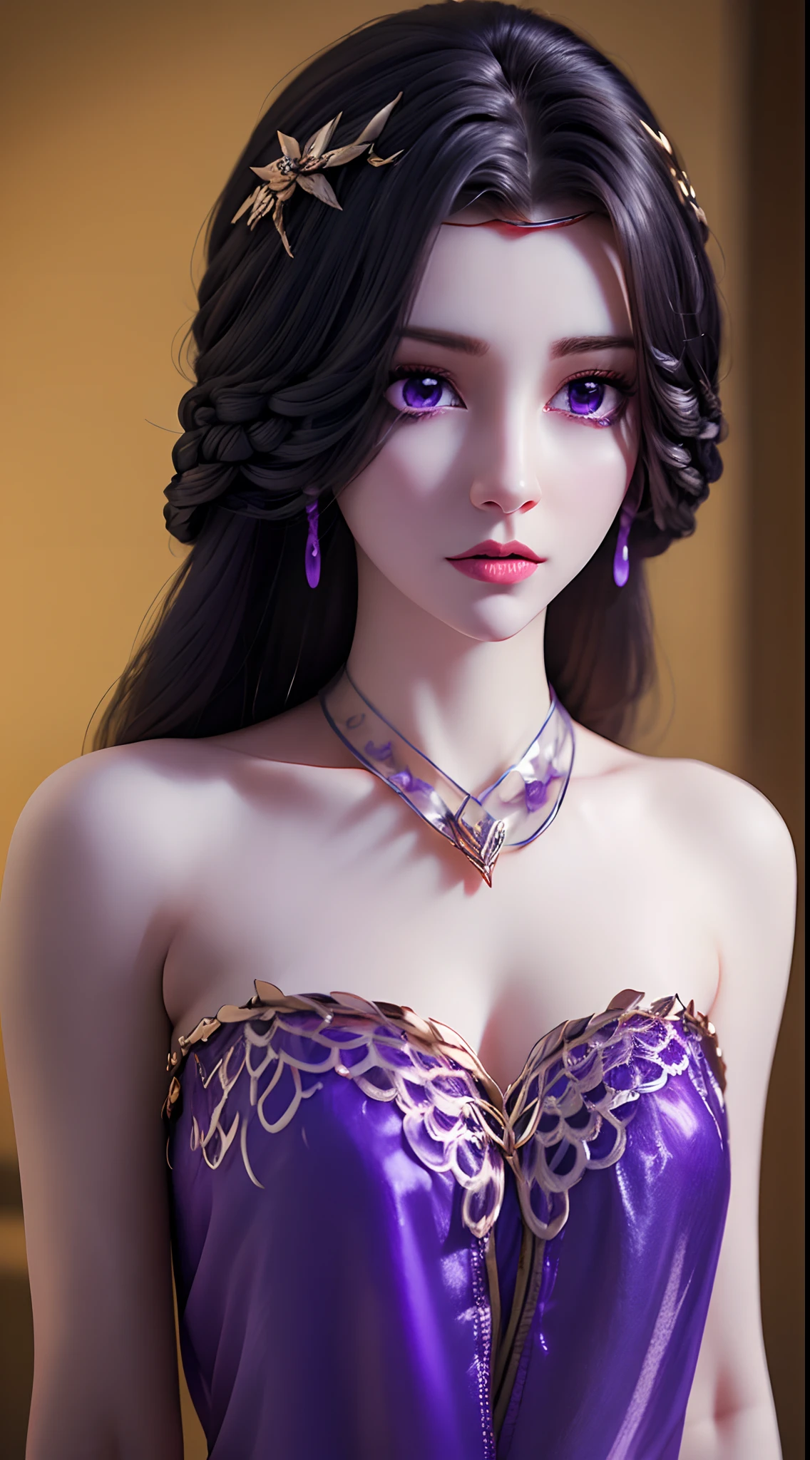 A beautiful and sexy 20 year old girl, extremely sexy girl in a thin strapless purple nightgown, a purple silk nightgown with sexy lace trim, long purple hair and bangs, and jewelry. most detailed and beautiful hair, ((wearing purple lace necklace: 1.6)), Super cute little face, very pretty face, sparse eyebrows, beautiful and flawless face, (black eye pupils: 0.8)), very beautiful eyes, ((purple eyes:1.4)), beautiful makeup and detailed eyelashes, high nose, earrings, red lips, ((closed mouth:1;5 )) beautiful lips, slim arms, most beautiful thighs, ((2 arms spread out to the sides: 1.5)), rosy face, clean face, flawless beautiful face, smooth white skin, (chest big: 1.5)), ((protruding breasts: 1.5)), Plump breasts, beautiful cleavage, ((big and super round breasts: 1.8)), ((super tight breasts: 1.5)), beautiful breasts, 2 hands behind back, beautiful girl's upper body, 8k photo, super high quality, super realistic, 10x super pixel, real photo, dark studio, light border, two-tone light color, (high detail skin: 1.2), super 8k, soft light, high quality, volumetric light, realistic, Photo, high resolution, light, best photo, 4k, 8k quality, blur effect, Smooth and sharp, 10 x pixels, (galaxy: 1.7) ), auroras, lightning, surreal graphics, most realistic graphics, alone, solo, Extremely sharp, surreal images, (((frontal portrait :1.2) ))."