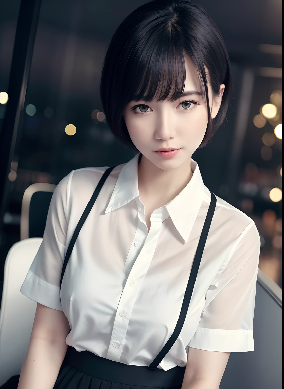 (8k, Best Quality, Masterpiece: 1.2), (Realistic, Photorealistic: 1.37), Super Detailed, 1 Girl, Cute, Alone, Beautiful Detailed Sky, Detailed Cafe, Night, Sitting, Date, ( Nose blush), (smile: 1.15), (close mouth) small breasts, beautiful details, (collared shirt: 1.1), night, wet, business wear, rain, white lace, (short hair: 1.2), floating Hair NovaFrogStyle,