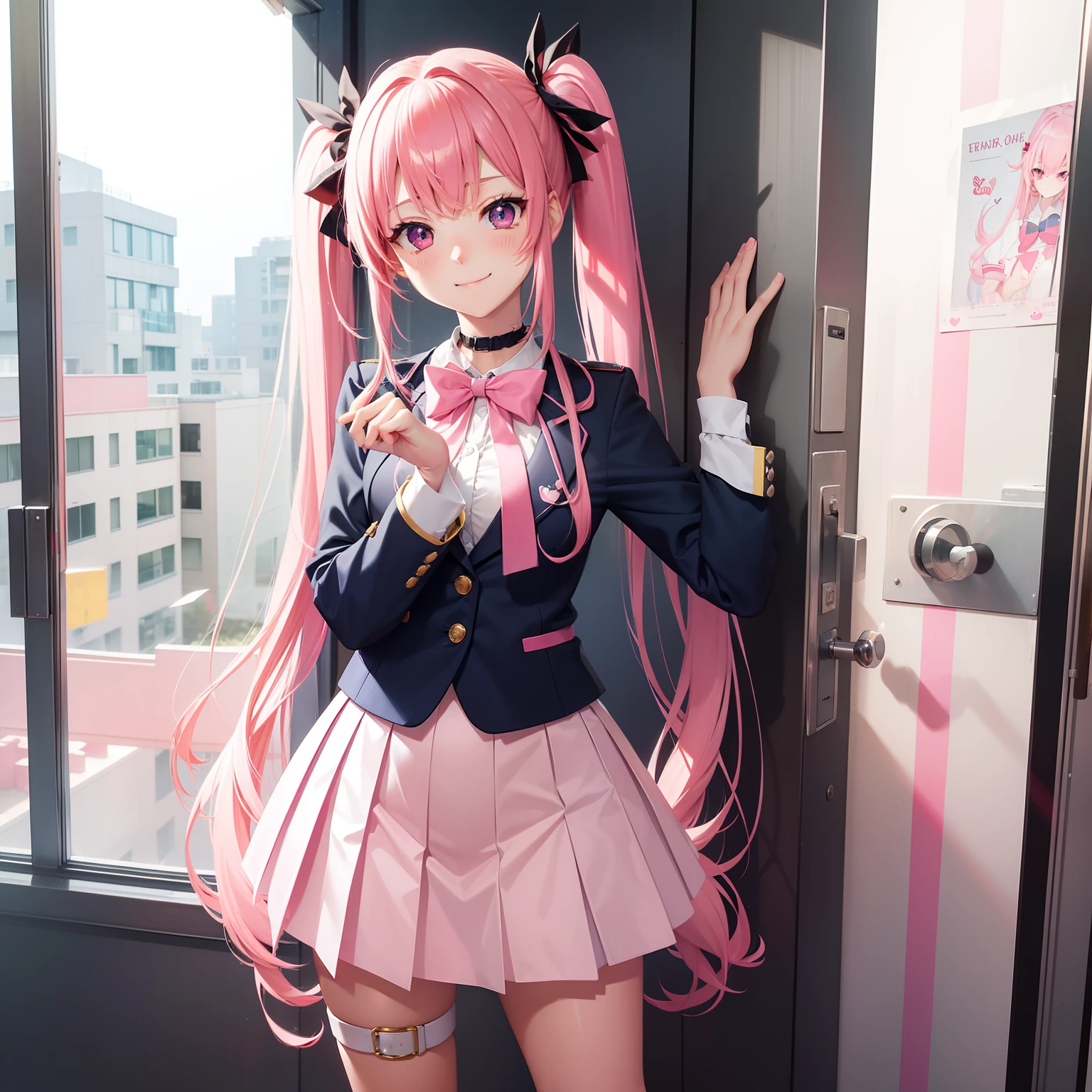 full body Esbian, masutepiece: 1.2, Highest Quality), (Live-action, elaborate details), (1 Lady, Solo, Upper body,) Clothing: Edgy, Navy Blazer, pink miniskirt, High School Uniform , long hair with pink twin tails,,,、Avant-garde, Experimental appearance: Long pink twin tail hair 、Heart-shaped choker、The location: School, crass room, Solo, Nice smile, spark of light, rainbows、brilliance、Value Creation in Mixed Media Art: individuality, authenticity, Creative expression