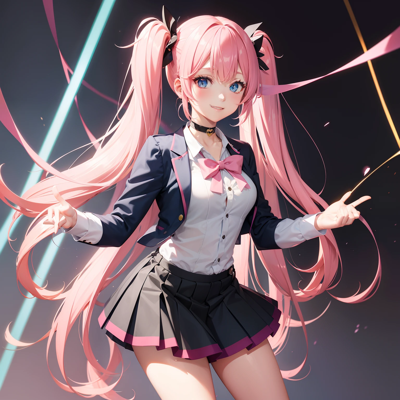 full body Esbian, masutepiece: 1.2, Highest Quality), (Live-action, elaborate details), (1 Lady, Solo, Upper body,) Clothing: Edgy, Navy Blazer, pink miniskirt, High School Uniform , long hair with pink twin tails,,,、Avant-garde, Experimental appearance: Long pink twin tail hair 、Heart-shaped choker、The location: School, crass room, Solo, Nice smile, spark of light, rainbows、brilliance、Value Creation in Mixed Media Art: individuality, authenticity, Creative expression