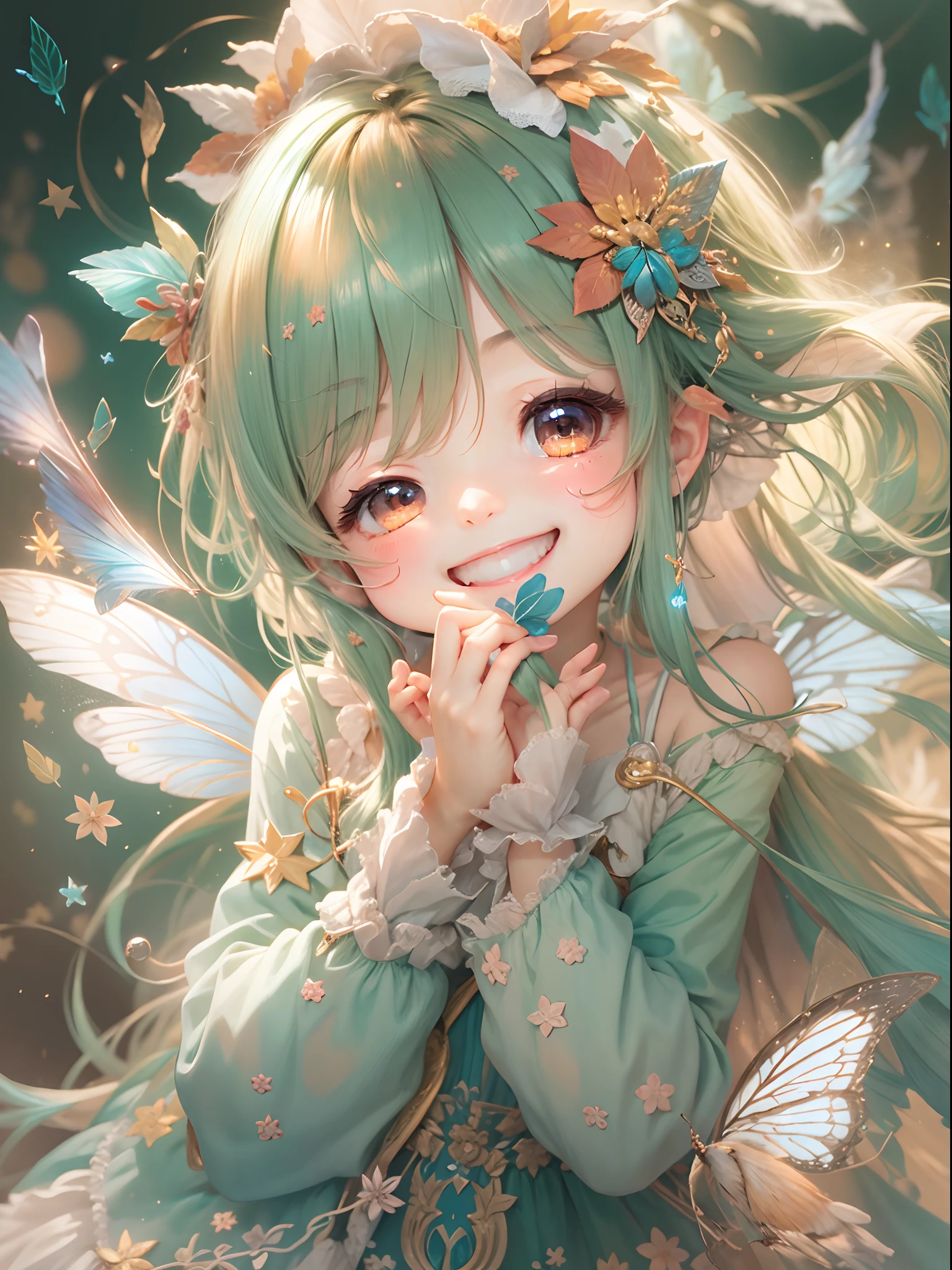 Night time, night light. a Chibi from Sky: Children of Light, vibrant warm smile, white nice teeth, long strand pink hair, featuring vibrant colors and whimsical details, evoking a sense of wonder and magic. The color temperature is cool, very dark nighttime, standing in a herd of glowing beautiful fireflies that are lighting her up, while the Chibi wears a joyful expression. Soft lighting accentuates the character's charm and innocence. --v 5 --stylize 1000, fireflies, dynamic lighting, park, flowers, green grass, cute frock, glowing particles, glowing fireflies, dreamlike, dreamworks , magical world,