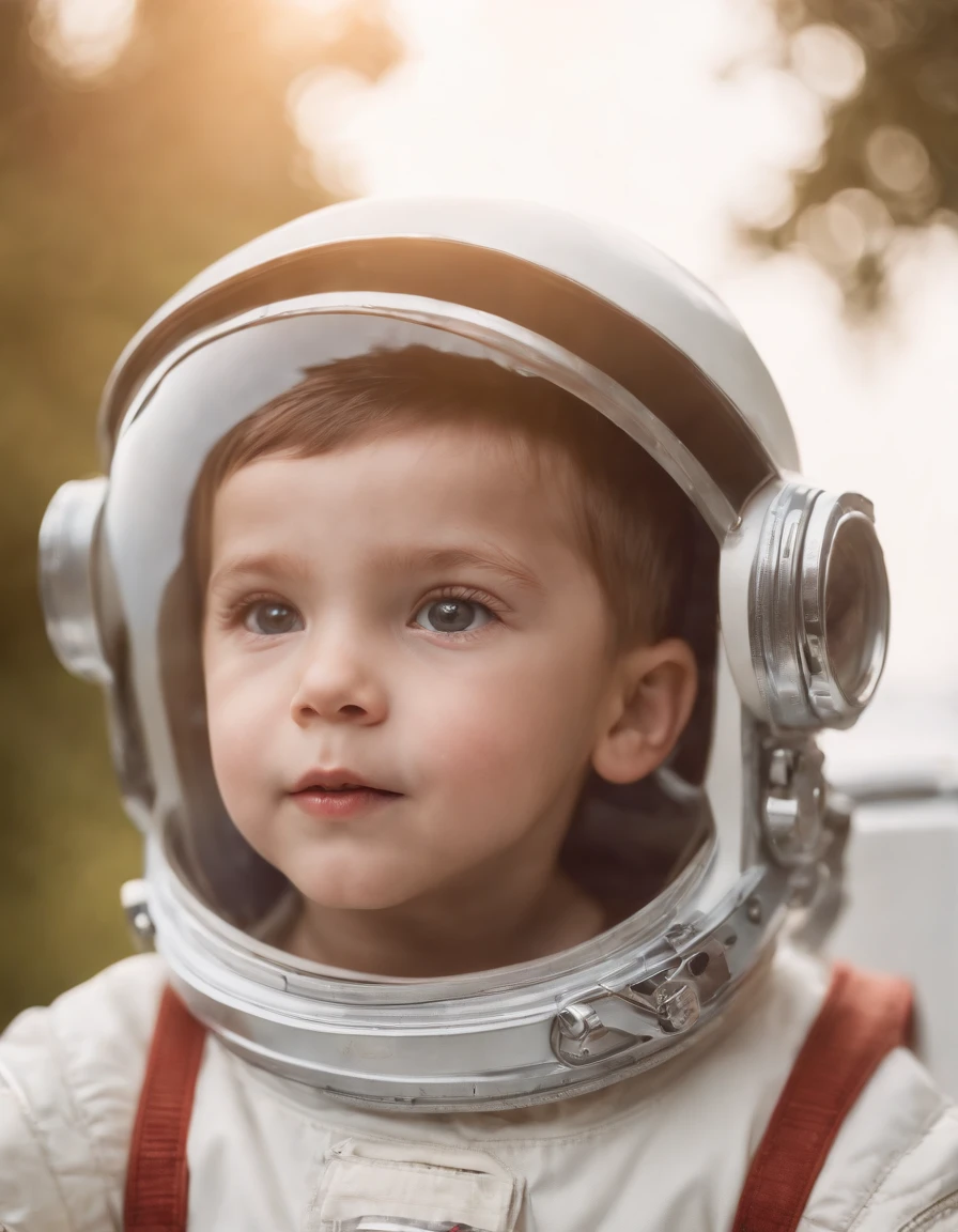 Little kid in retro astronaut suit, child, without helmet, posing for photo album, side light, half body shot, high quality photo