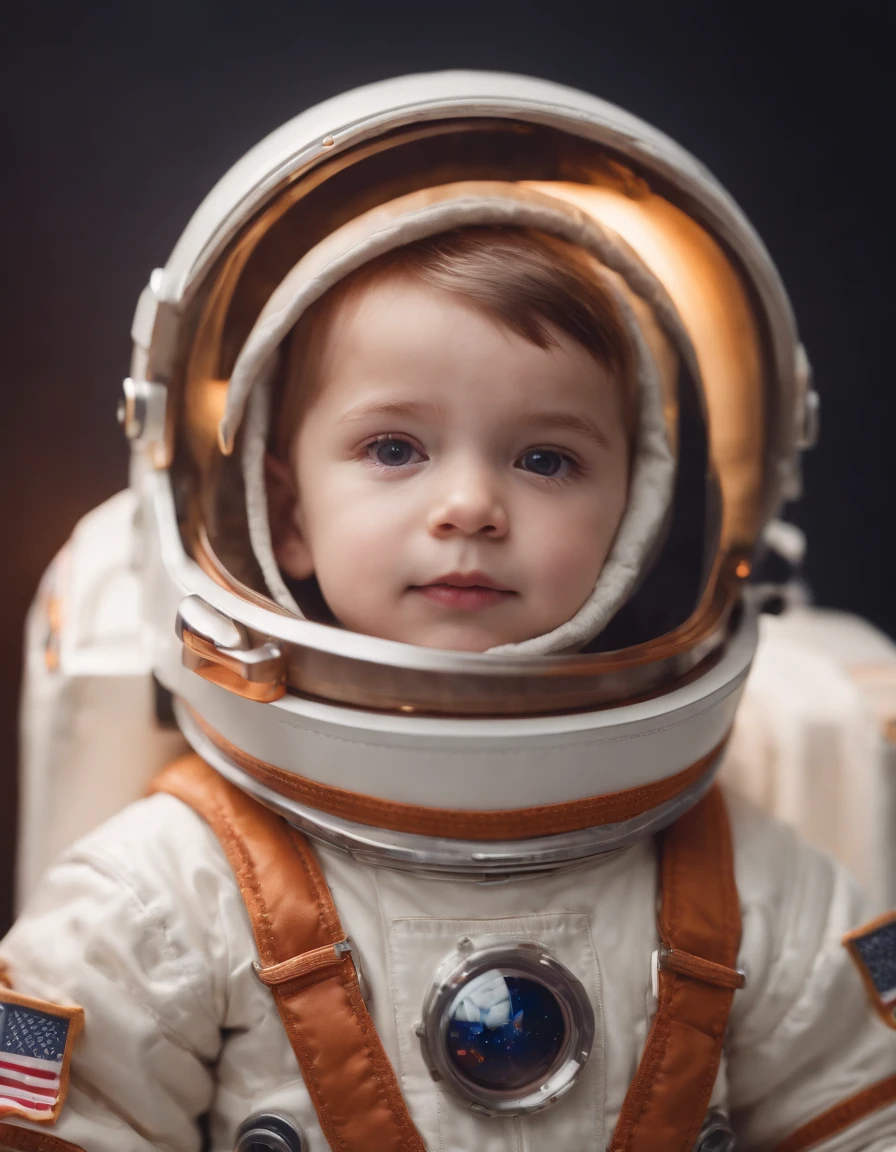 in retro astronaut suit, child, whelmet, posing for photo album, side light, half body shot, high quality photo